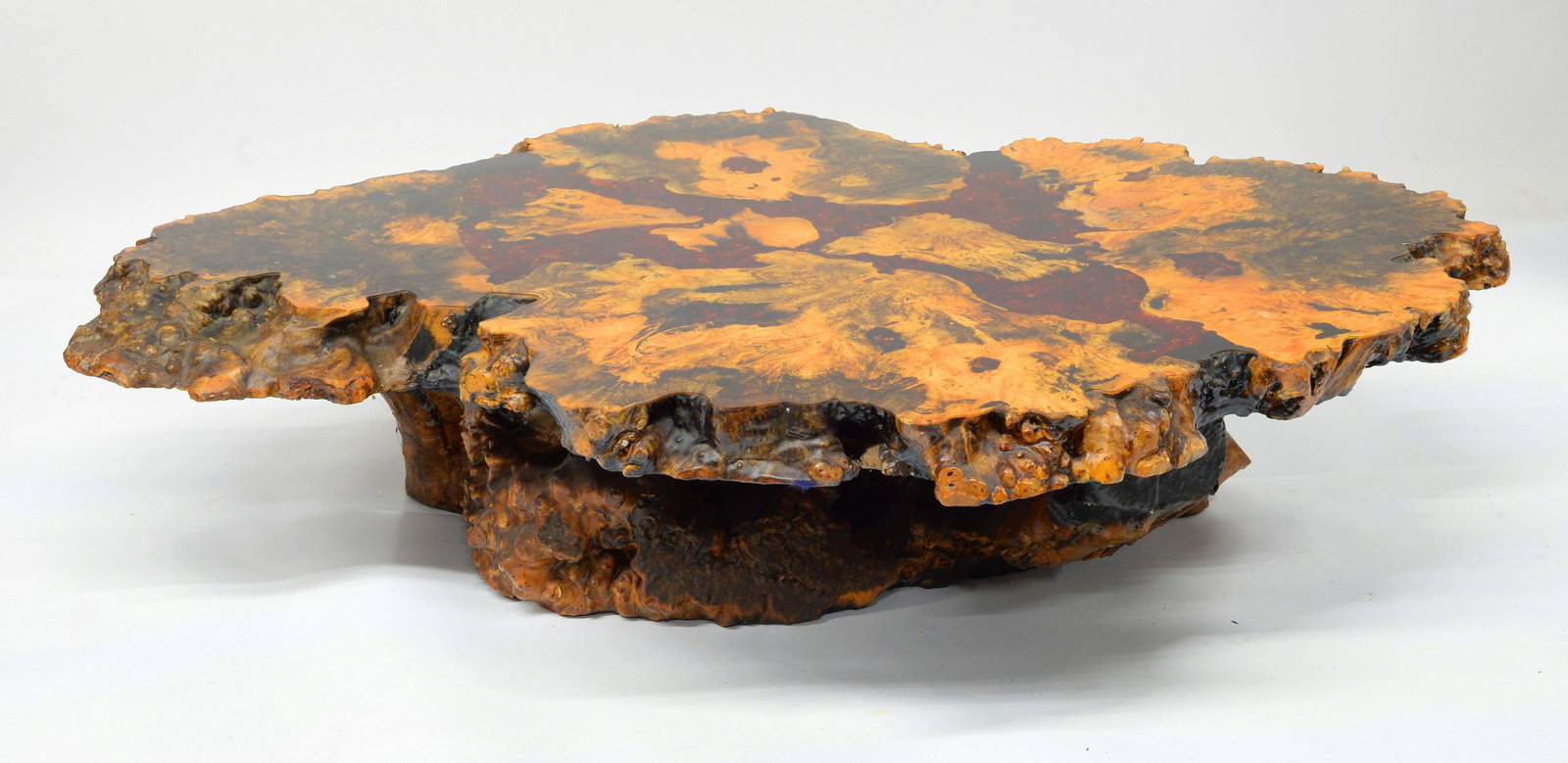 Free-Form Flow California Redwood Coffee Table.: A Vintage Piece, Probably Mid-Century. Made from a Tree Trunk, with Reddish Crystals Inside, and a Heavy Clear Lacquer on the Top. Has a Label Underneath that Reads "Hall's Burlwood Table Co.", with a