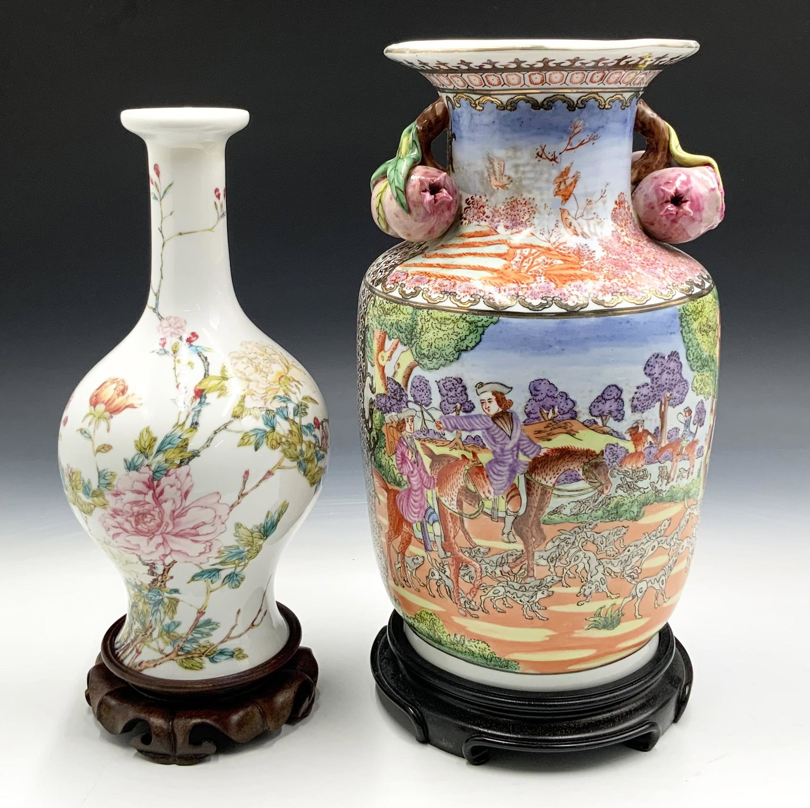 Lot of 2 Chinese Porcelain Vases, AS IS, Holed.: These were Probably Used as Lamp Bases at one Time. Both are Affixed to their Wooden Bases. The Smaller Vase is Not Hand-Painted. It Measures 12 1/4" Tall, including the Wood Base. The Larger Vase is 