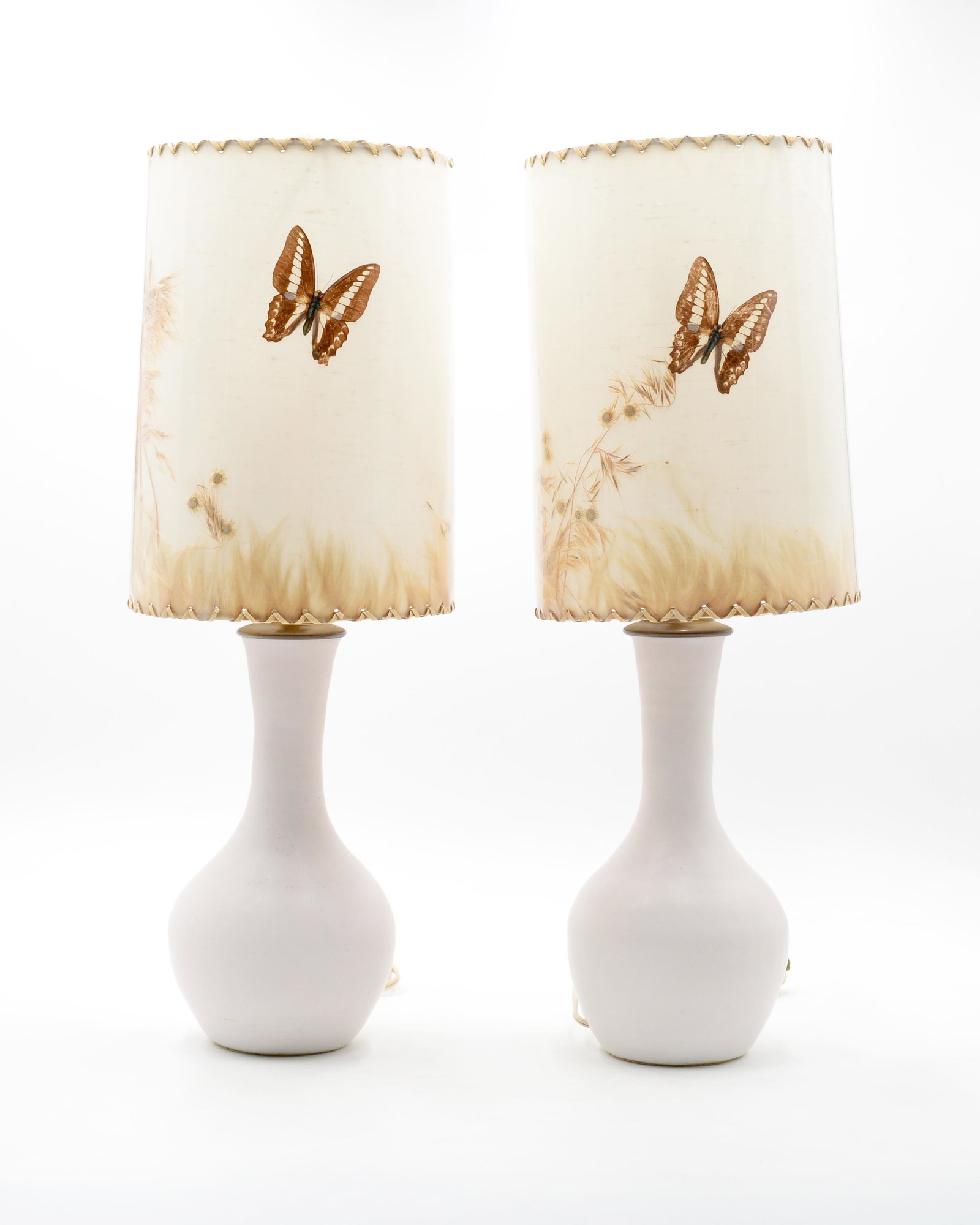 Pair of Van Briggle Pottery Lamps.: With Original Butterfly Shades. Signed Underneath (Under Felt Bottoms) and in the Back of the Lamps. Has a Scratch or Two Here or There, but is In Excellent Condition Overall. The Pottery Portion Meas
