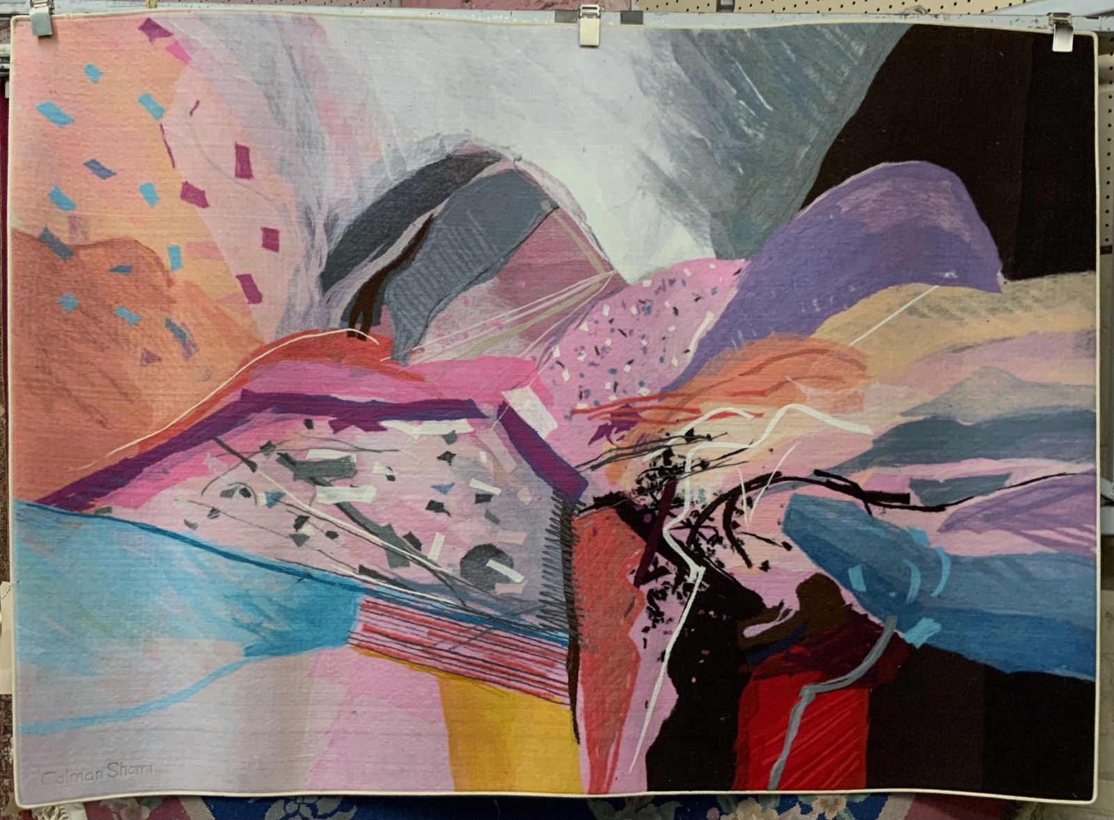 Signed Calman Shemi Abstract Expressionist Rug.: Measures 4' 3" x 5' 11". This Item is Available for In-House Shipping.