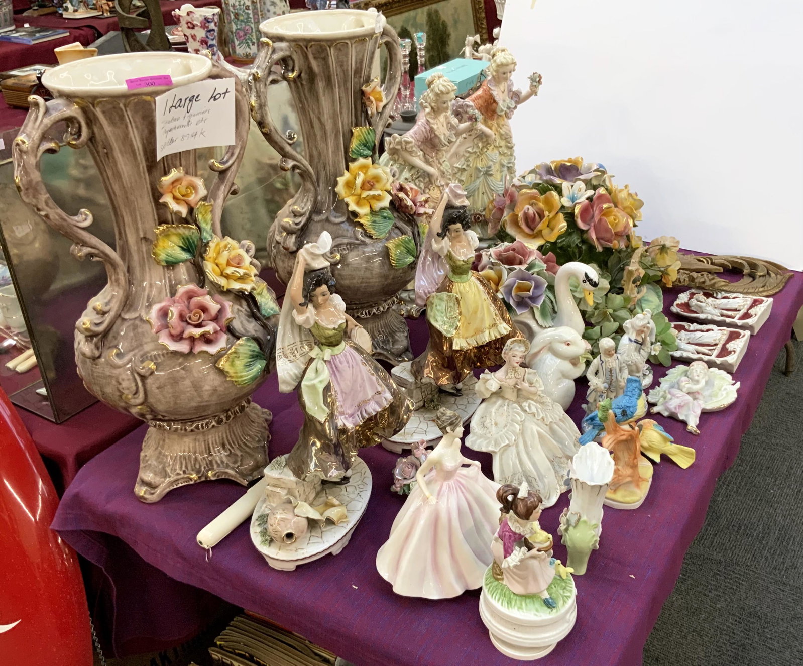Lot of Asst. Porcelain: Italy, Japan, etc.: Includes Capodimonte pieces, Royal Doulton, unmarked Japanese figures, and a pair of Syroco plastic birds. Some of these items have chips/damage to limbs. Third-Party Shipping or Personal Pickup Requi