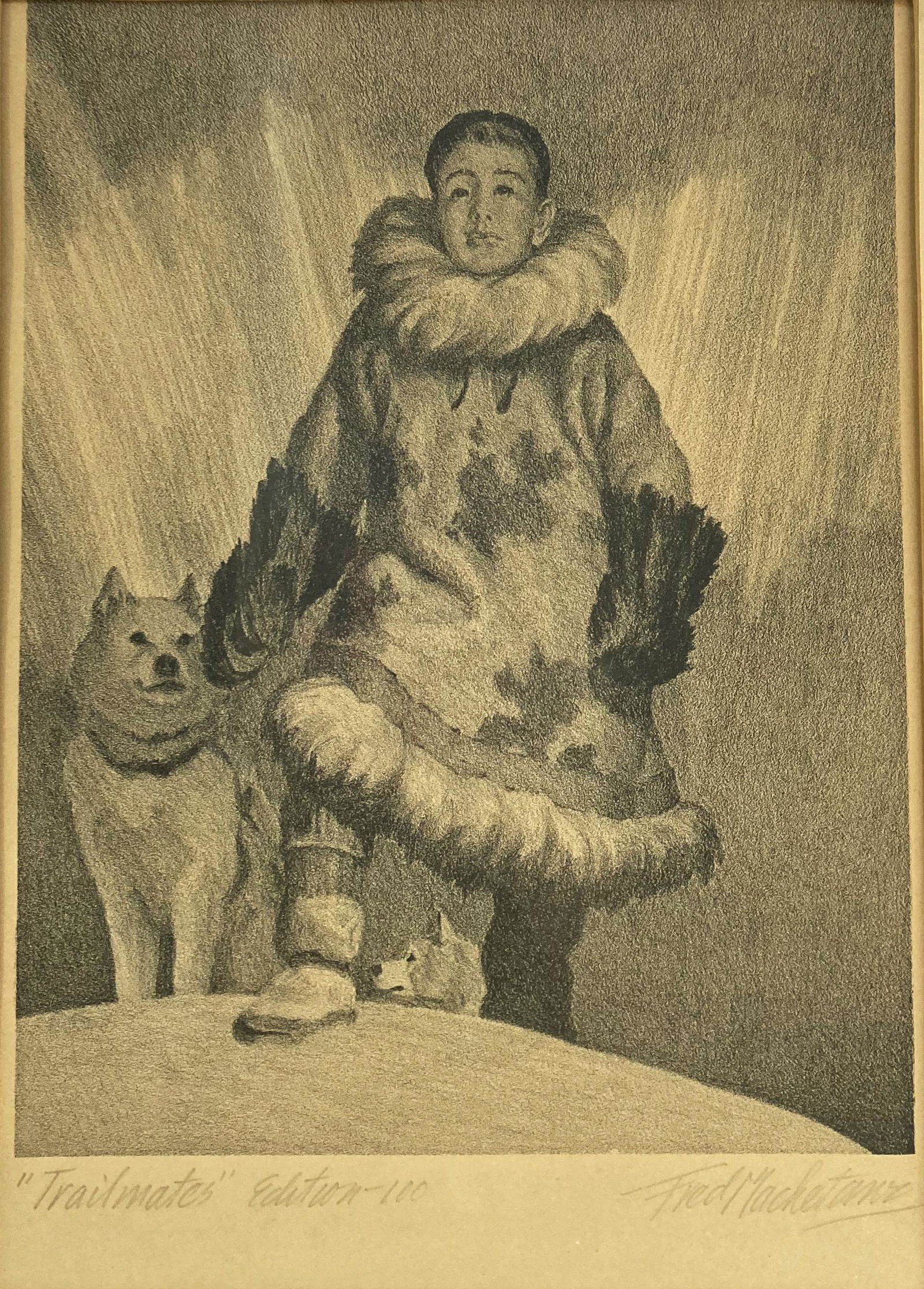 Fred Machetanz Stone Lithograph, "Trailmates".: From an Edition of 100. Pencil Signed, Lower Right. Image Size Measures 11" x 8 1/2". The Frame Size Measures 20" x 16". The Print has Slipped a Bit Inside the Frame (Pulled Upwards by about 3/8"). Th