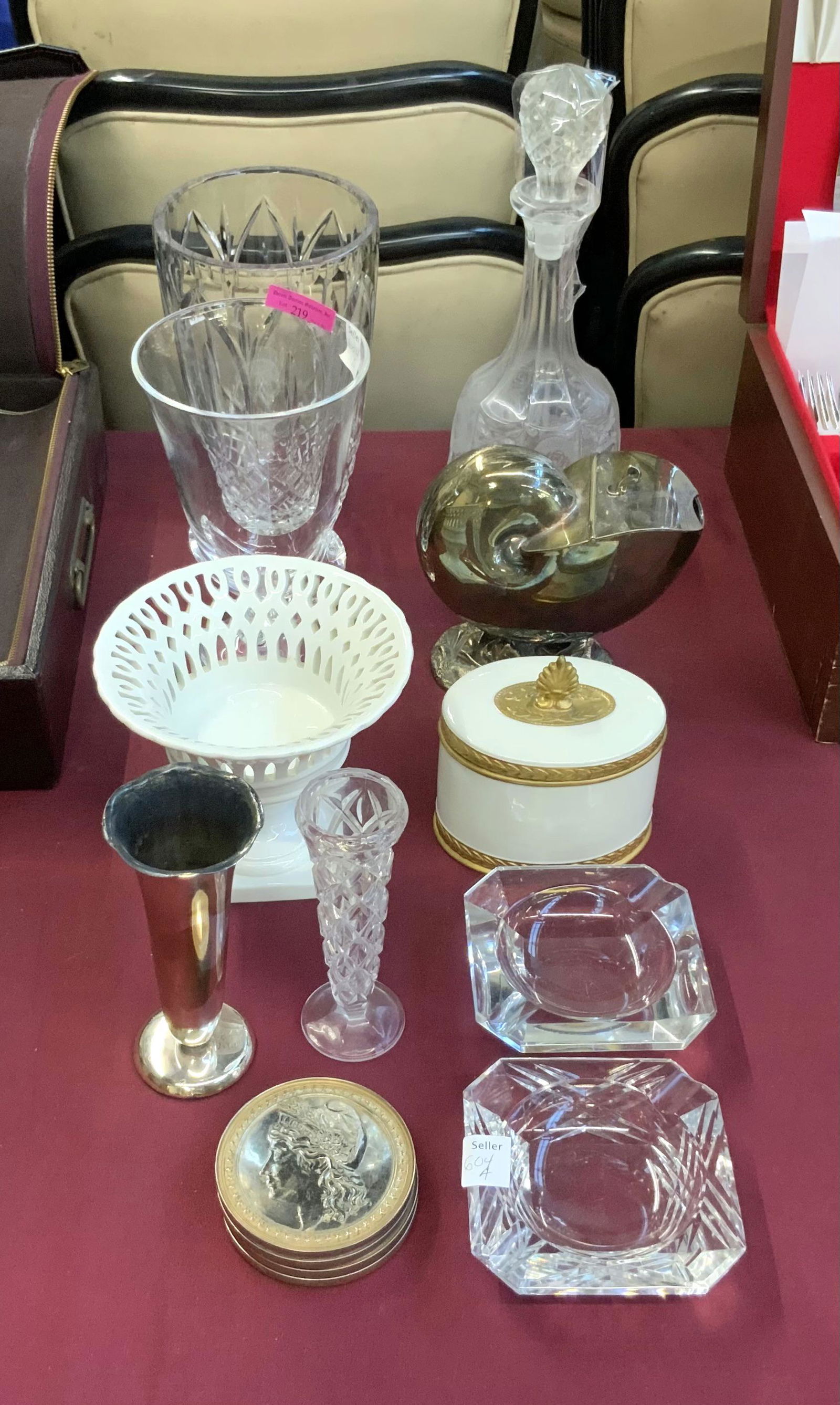 Lot: Crystal Vases, Nautilus Spoon Warmer, etc.: Also some Liberty coasters, crystal ashtrays, bud vases, and Italian porcelain pieces. Third-Party Shipping or Personal Pickup Required.