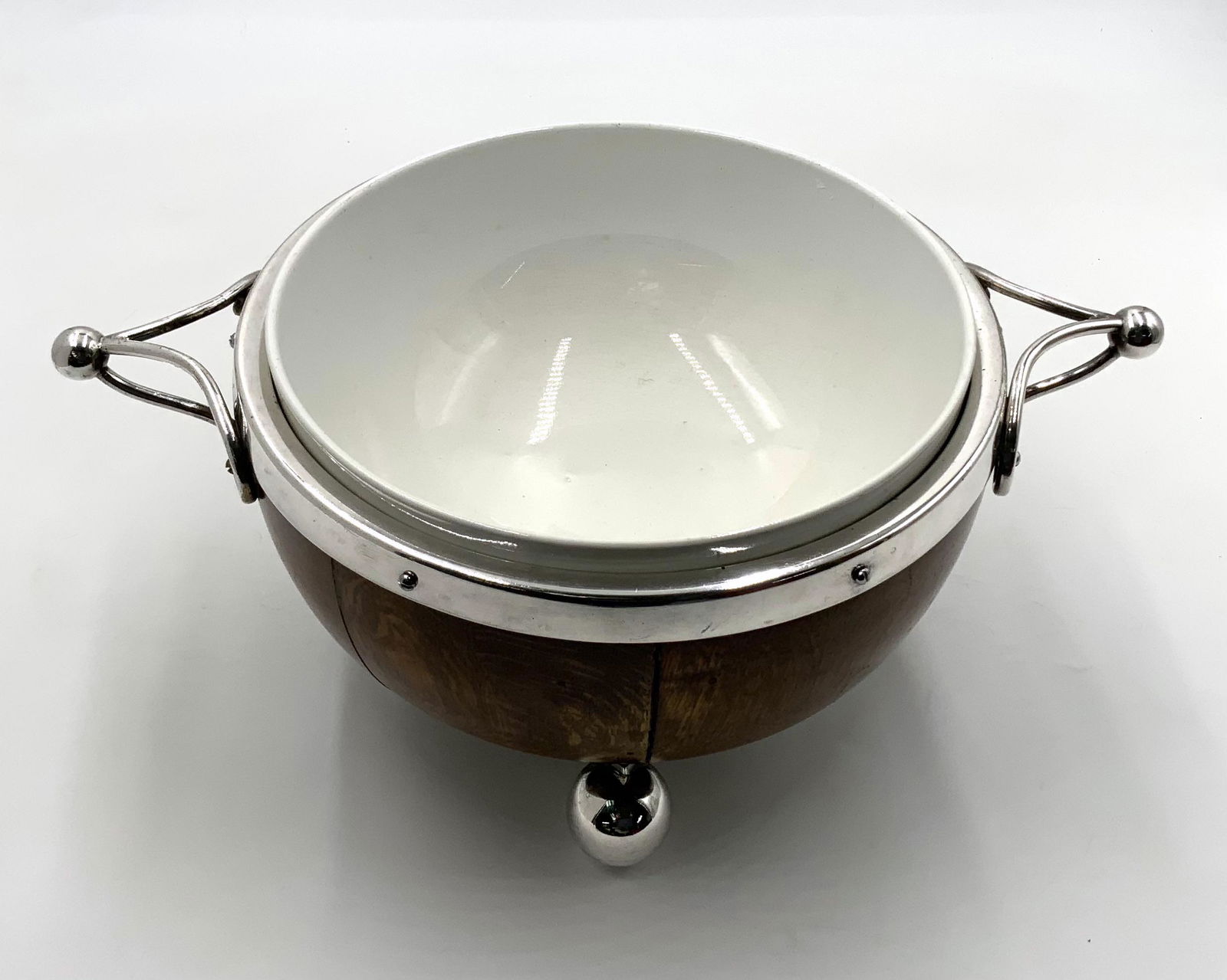 Mappin Webb Wood and Silverplate Trophy Bowl.: Measures 9.5" in diameter, 6" tall. Porcelain bowl insert is included. Third-Party Shipping or Personal Pickup Required.