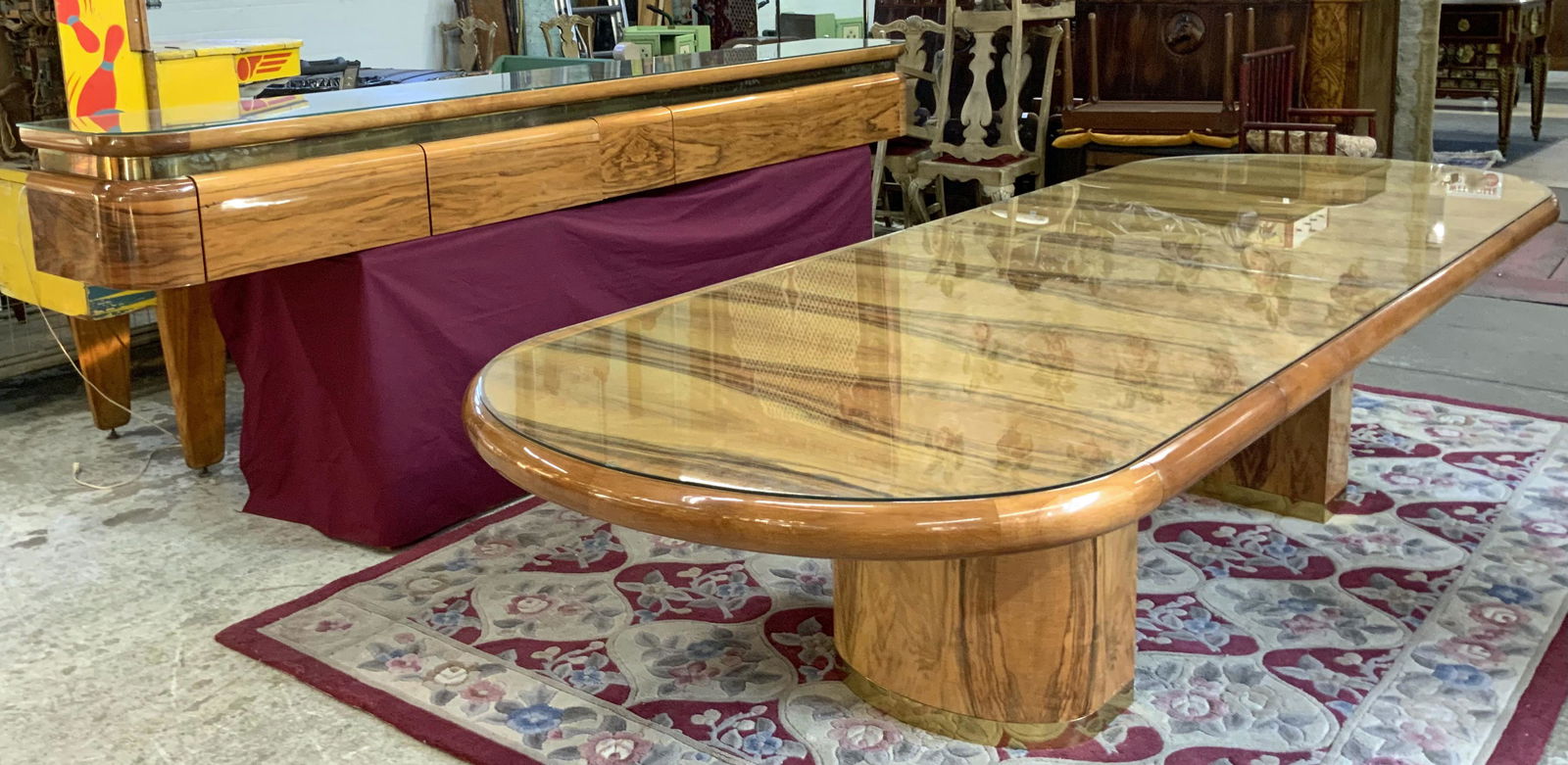 Ron Seff French Walnut Conference Table Set: Or, Could be Used as a Dining Table and Matching Sideboard. Consists of a 132" x 48" Table (Including Two Inserted 17 1/2" Wide Leaves), and a 120" x 18" Wall-Mounted Credenza. So, Depending on How Ma