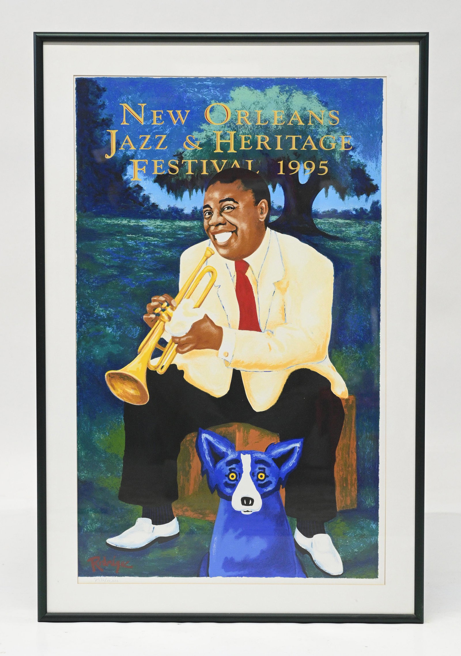 George Rodrigue 1995 New Orleans Jazz Poster.: Numbered 7,936 of 10,000, but NOT Hand-Signed. Image Size Measures 32 1/2" x 19 3/4". The Frame Measures 39" x 25 3/4". Third-Party Shipping or Personal Pickup Required.