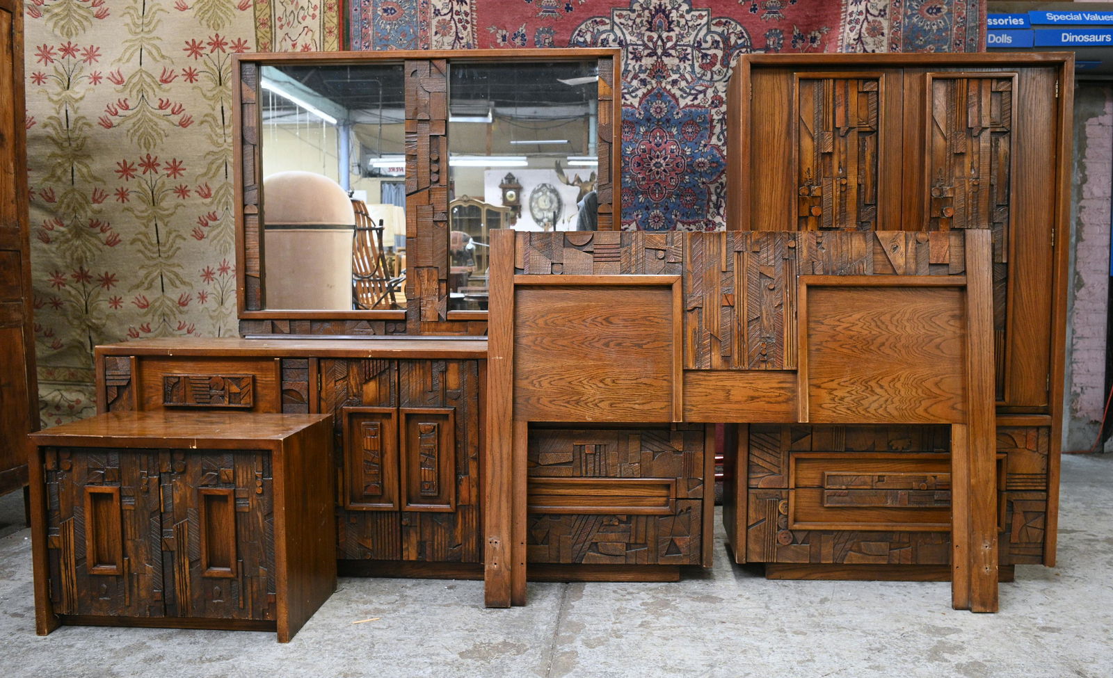 4 Pc Lane Pueblo Brutalist Mid-Century Bedroom Set: Consist of a Long Dresser with Mirror, Armoire, Headboard and Nightstand. Each Piece has a Little Wear here and There. Third-Party Freight Shipping or Personal Pickup Required.