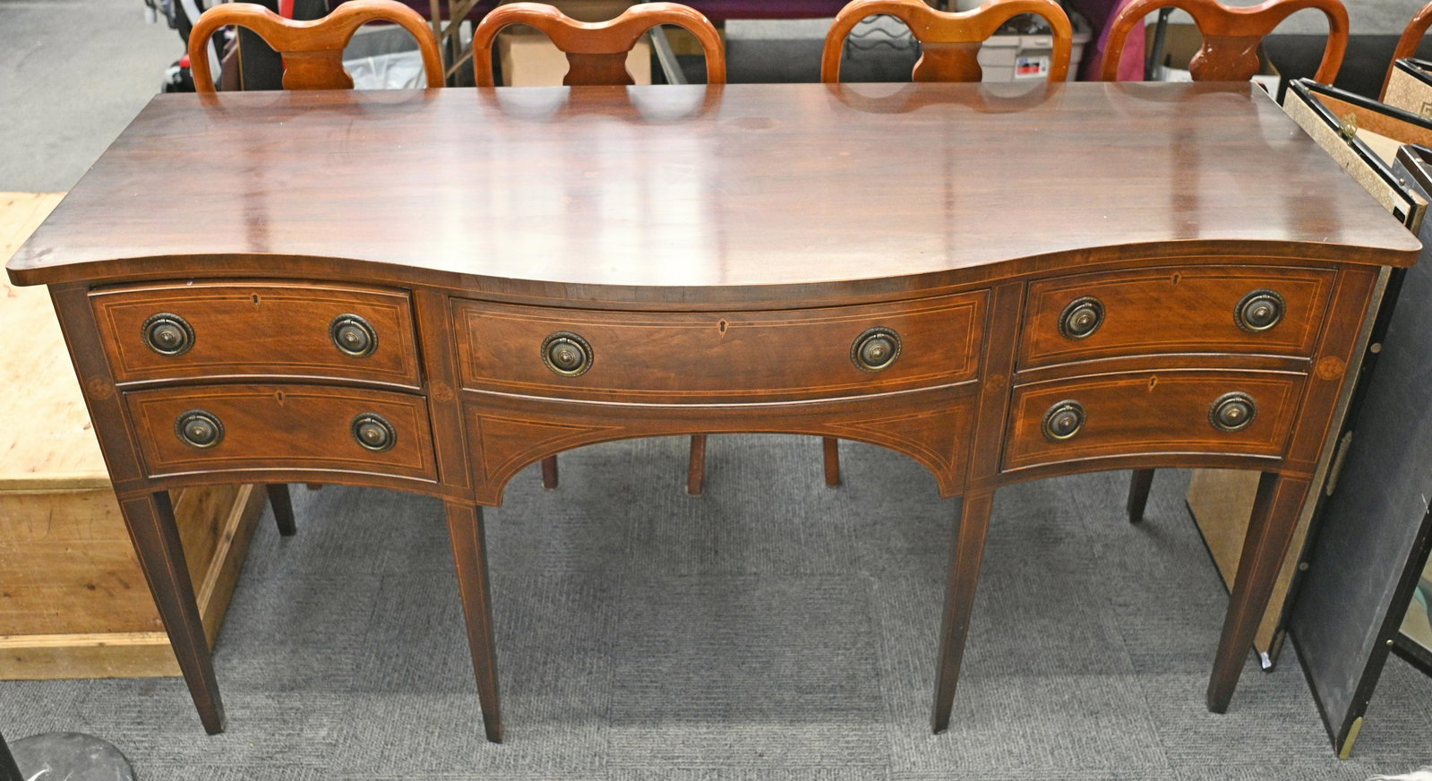 Signed Baker Mahogany Sideboard with Inlay.: Has a Few Uneven Patches of Stain and Some Light Scratches on Top. Measures 72" Wide, 36" High, and 26" Deep. Third-Party Freight Shipping or Personal Pickup Required.