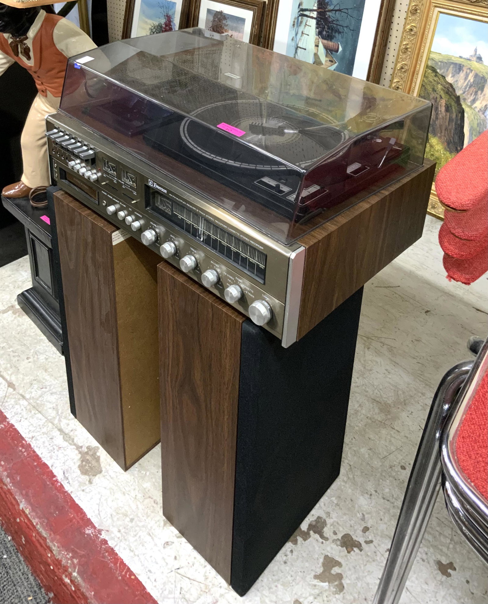 Vintage Emerson Stereo System & Pr. of Speakers.: The Receiver is an Emerson AM-FM Multplex Receiver, with 8-Track & Record Player. The Speakers are Unmarked but are 3-Way Speakers. All is Untested. Third-Party Shipping or Personal Pickup Required.