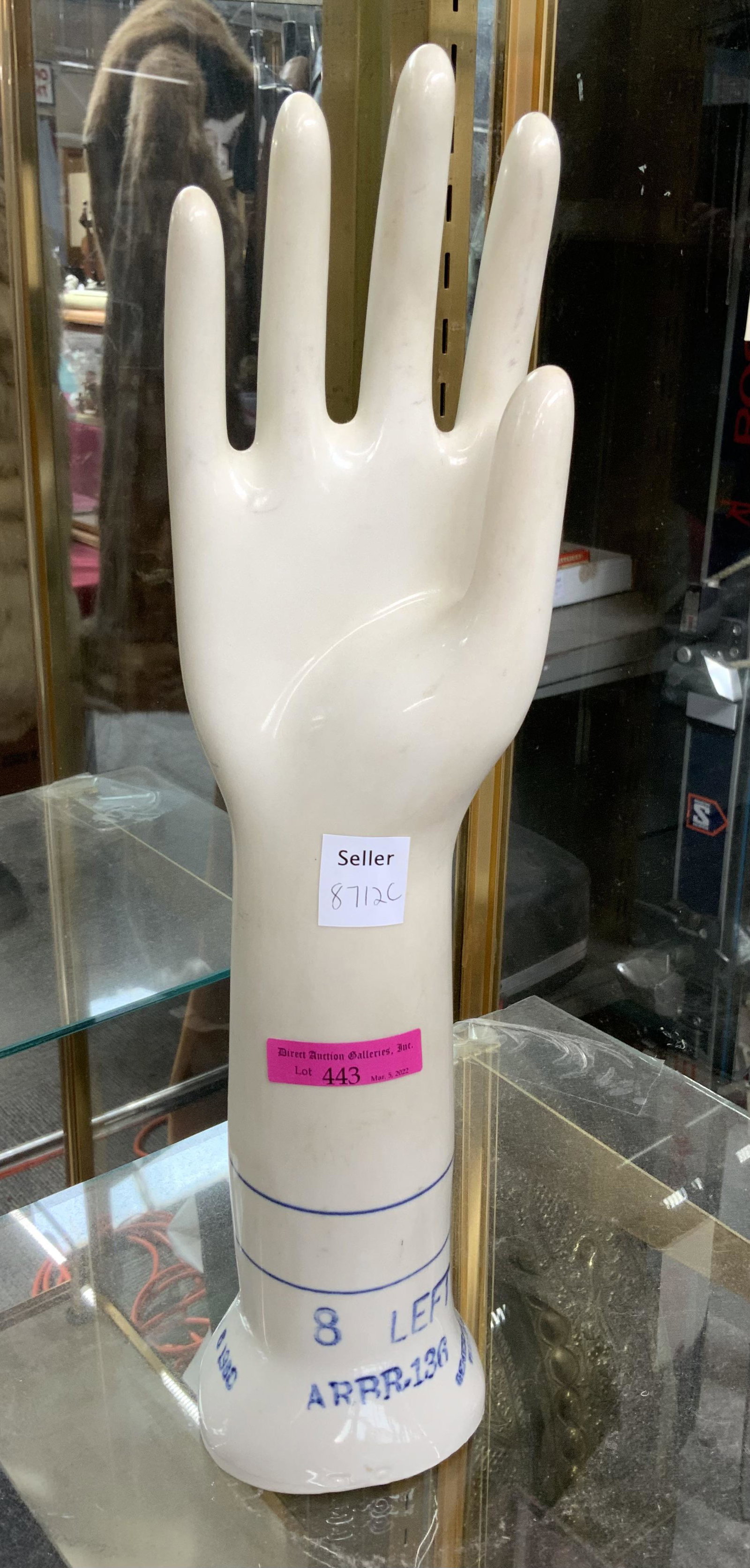 Left Hand Porcelain Glove Mold.: By the General Porcelain Company, NJ. Measures 15" Tall. Third-Party Shipping or Personal Pickup Required.