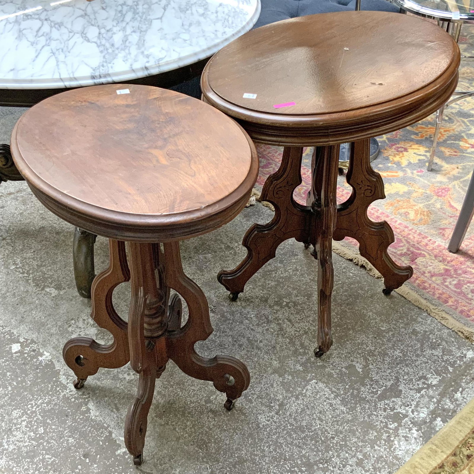 Pair of Carved Victorian Oval Walnut Small Tables.: These Measure 28" Wide. Third-Party Freight Shipping or Personal Pickup Required