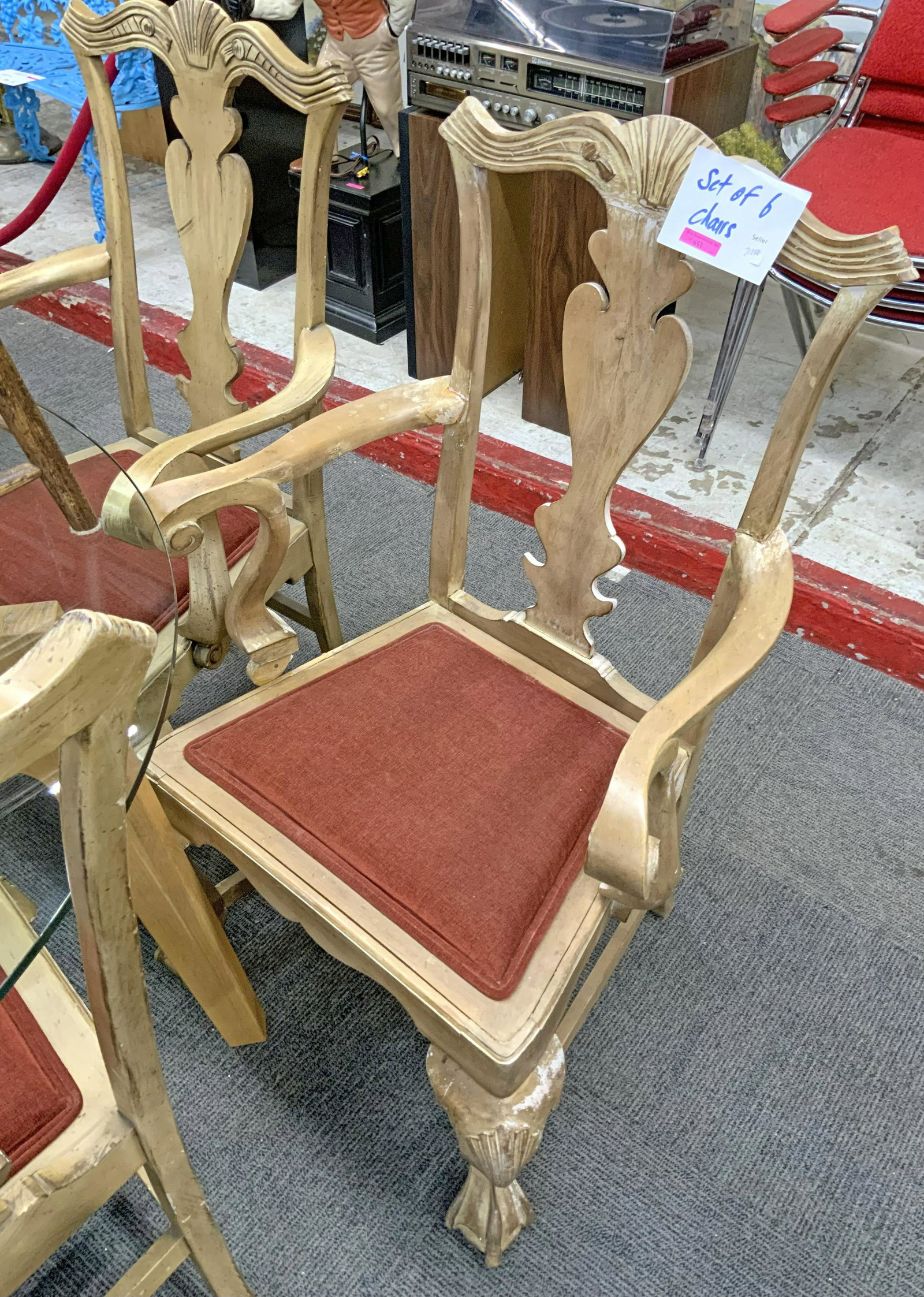 Set of 6 Painted & Carved Dining Chairs.: Third-Party Freight Shipping or Personal Pickup Required.