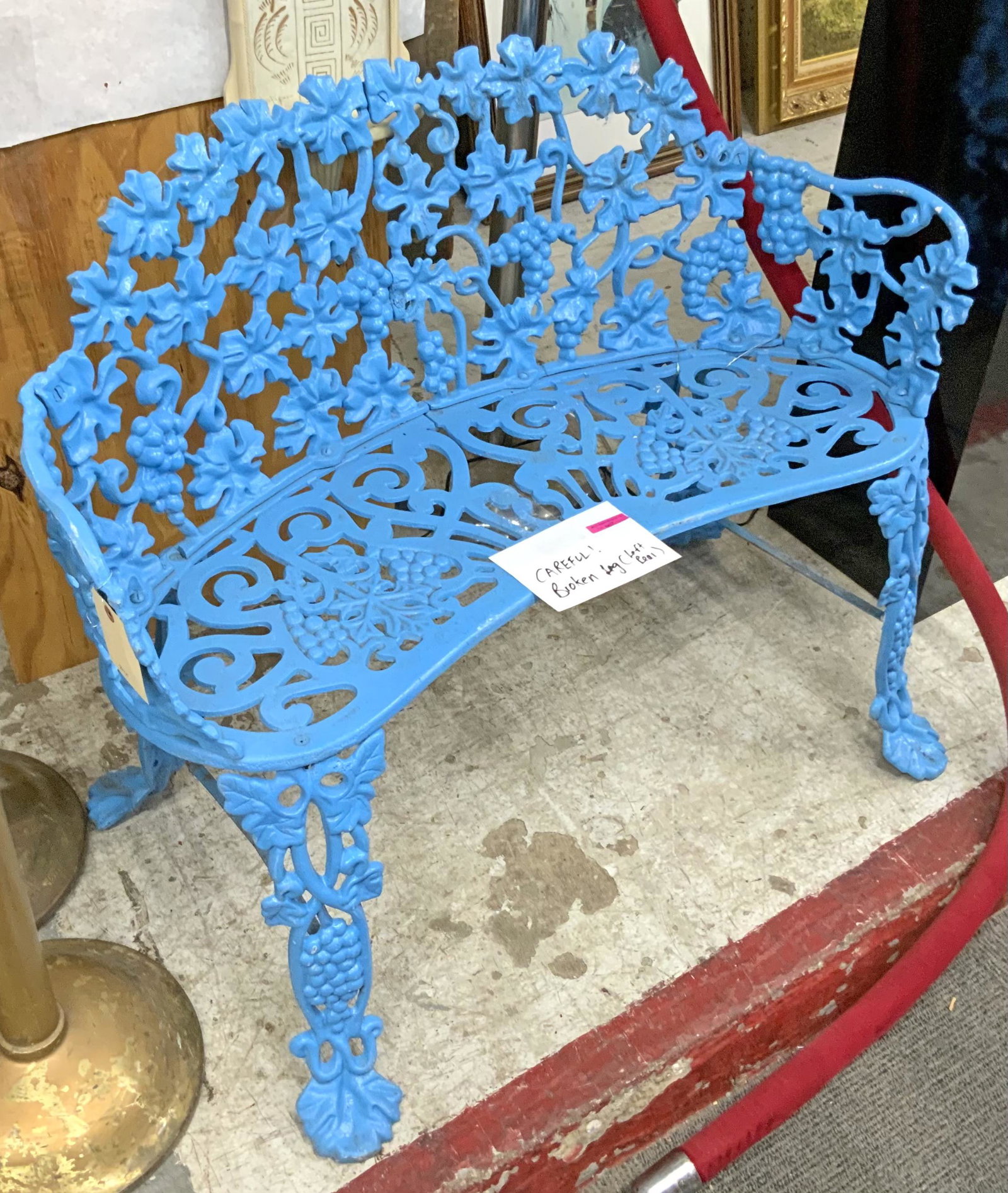 38" Wide Blue Painted Iron Garden Bench.: AS IS - The Back Leg has been Repaired. Third-Party Freight Shipping or Personal Pickup Required.