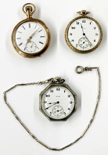 Lot of 3 Openface Pocketwatches.: Includes: An Octagonal Elgin Art Deco Pocketwatch (Not Winding, Measures 1 3/4" in Diameter, has a Crack on the Face near the Number 2, Comes with a Watch Fob); An Elgin 15-Jewel Pocketwatch (It Ticks