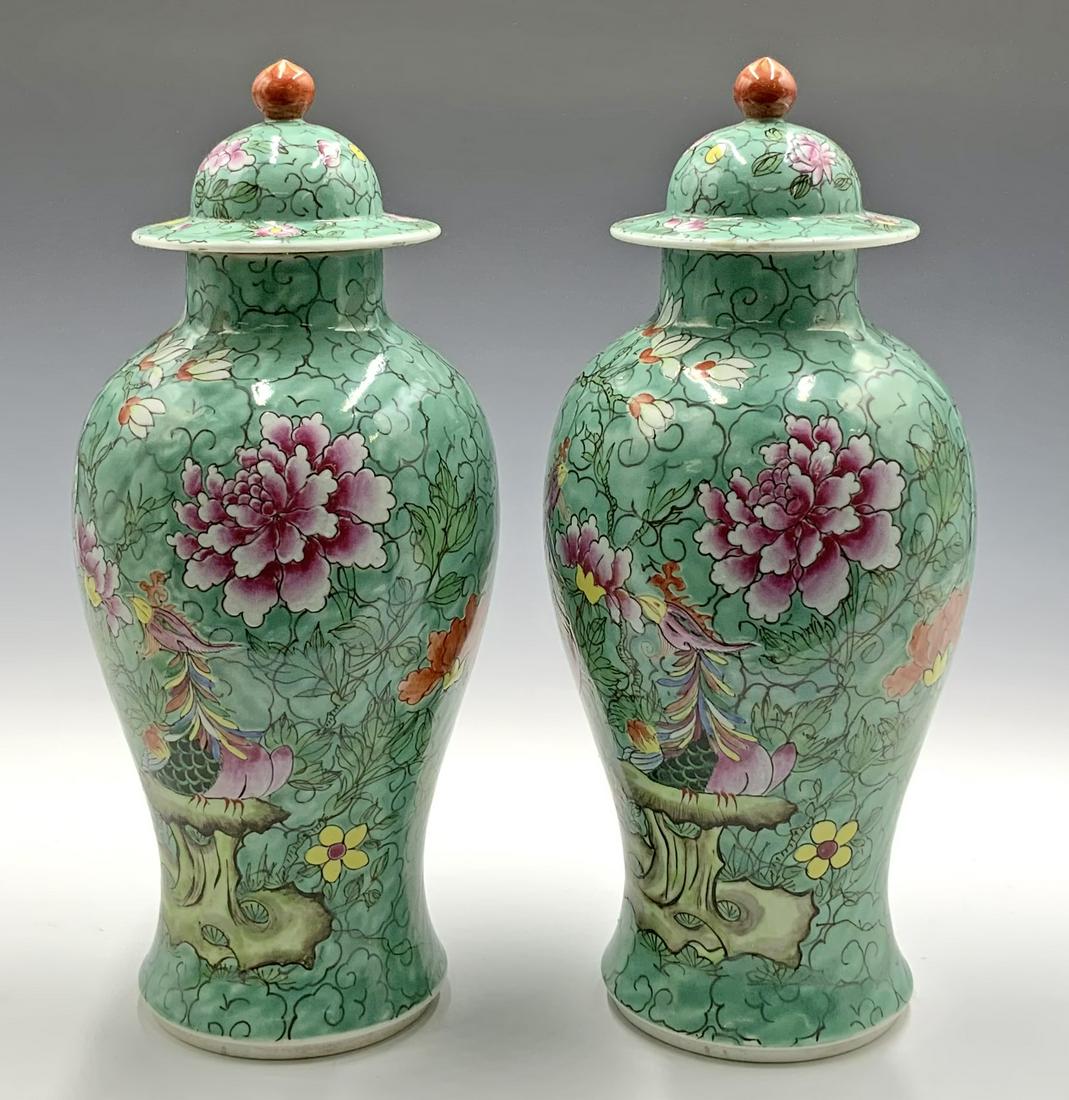 Pair of Green Porcelain Chinese Covered Urns. (1 of 5)