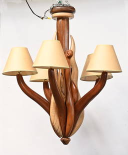 Steven Spiro Fine Wood Light Fixture.: The Fixture Measures Approximately 25" in Diameter and 36" Long (Wooden Part Only, not Including the Shades). Steven Spiro has a Shamanastic or Spiritual Quality to his Furniture. His Creations are