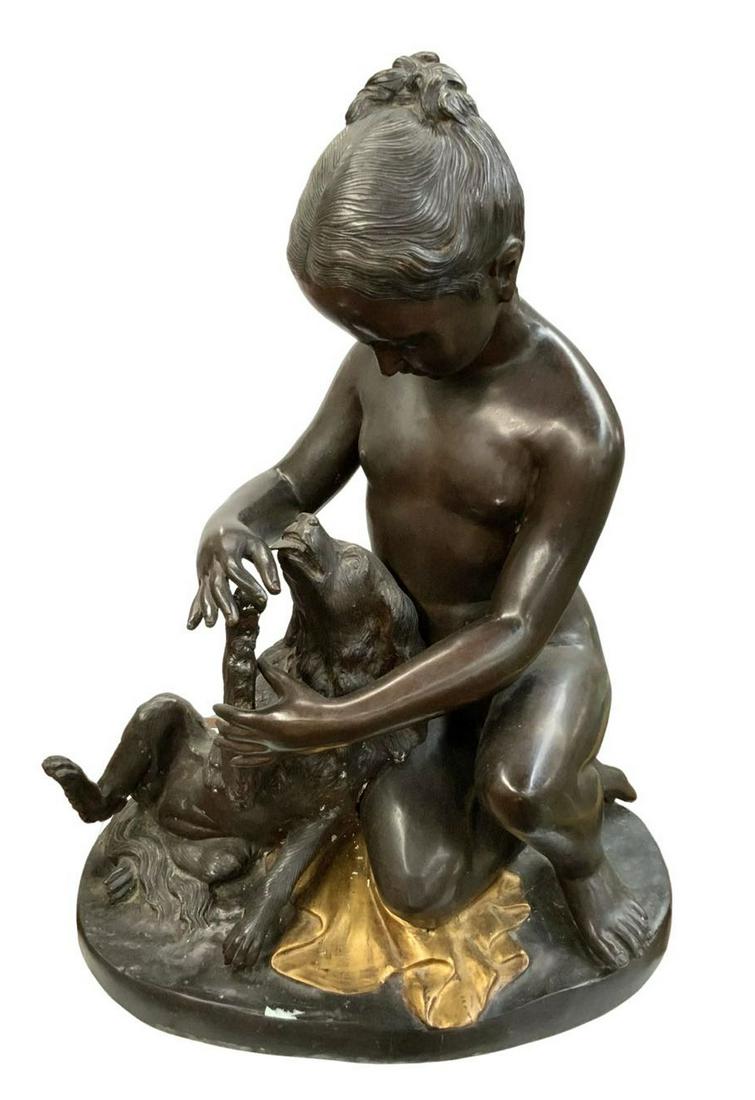 Large Bronze Sculpture of Young Girl With Dog. (1 of 3)