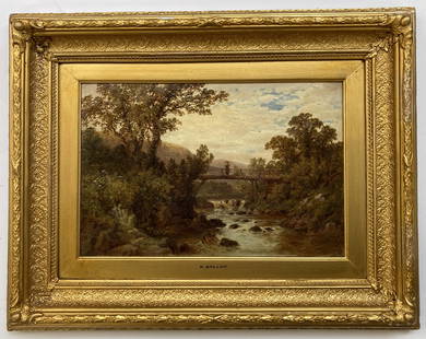 Sgd. R. (Robert) Gallon Painting of Stream.: A Stream Under a Bridge. Oil on Canvas, Signed Lower Right. Has a Small Fleck of Paint Missing in the Sky Area. The Painting Measures 11 1/4" x 16 1/4". The Frame Measures 19 1/2" x 25". Third-Party S