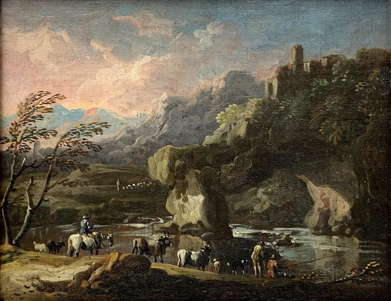 Small, Very Old Painting of People Near Castle. (1 of 3)