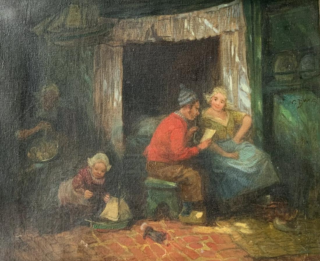 Dutch Family Scene Painting sgd C. (Carl) Duxa.: Oil on Canvas, Signed Upper Right. The Painting Measures 11" x 13 1/4". The Frame Measures 17 1/2" x 19 3/4". Third-Party Shipping or Personal Pickup Required.