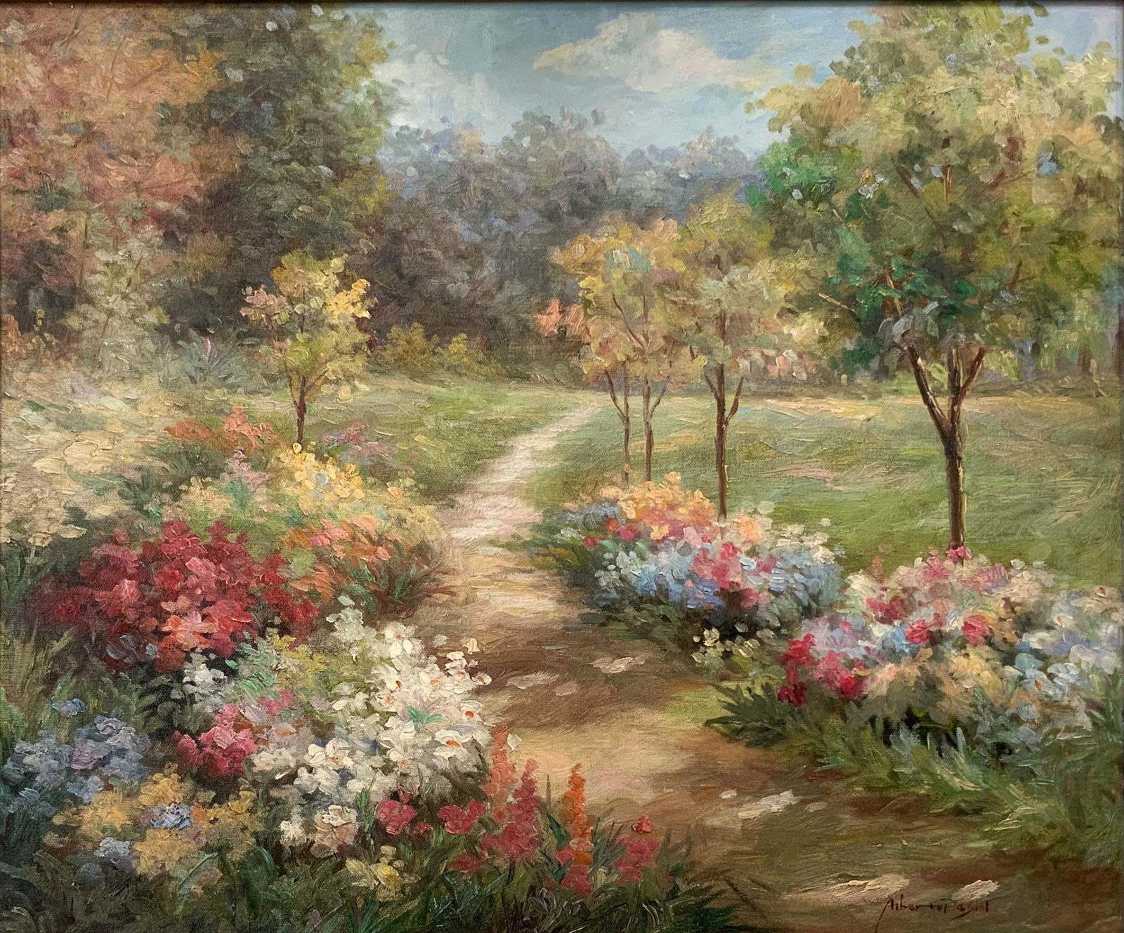 Sgd. Alberto Pasini Painting of Floral Path. (1 of 5)