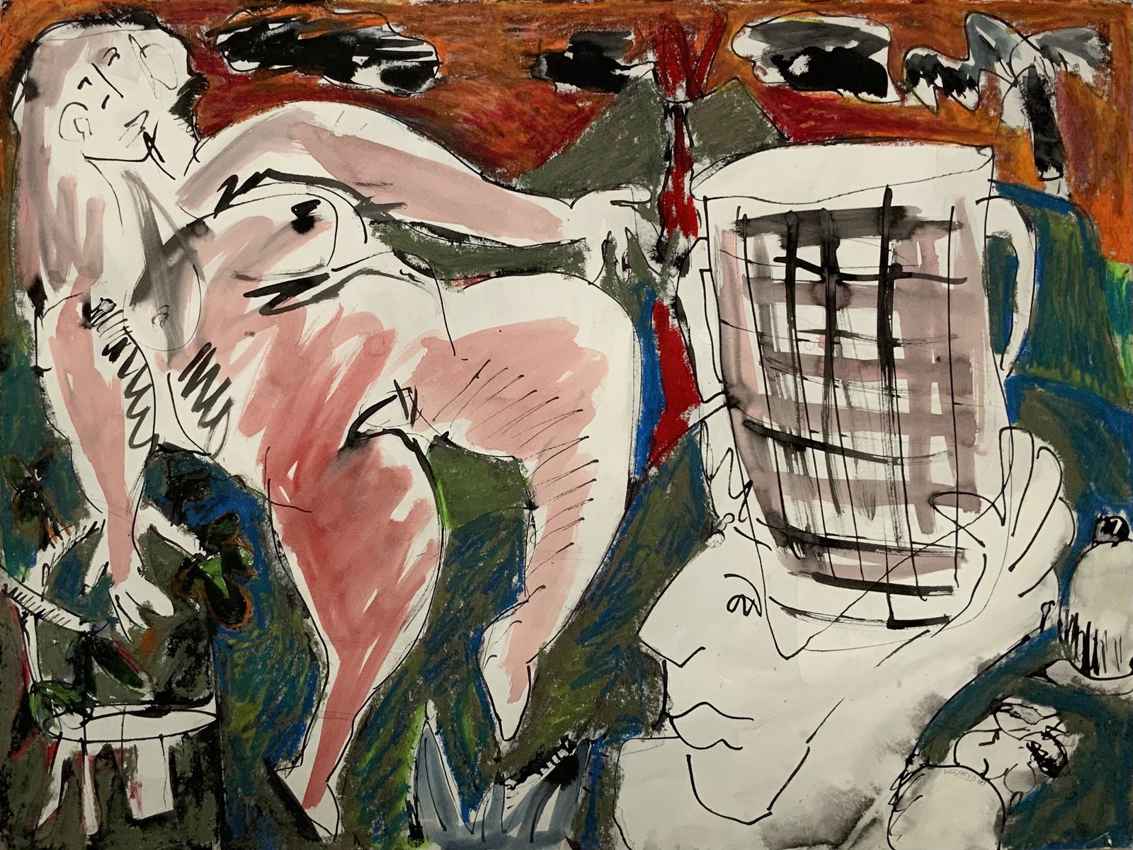 Barry Wolfryd Outsider Art Painting on Paper.: Watercolor / Mixed Media, Signed Lower Right and Dated 1989. The Painting Measures 24" x 32". The Frame (No Glass on it) Measures 32 1/2" x 40". The Frame has Wear and Missing Paint. Third-Party Shipp