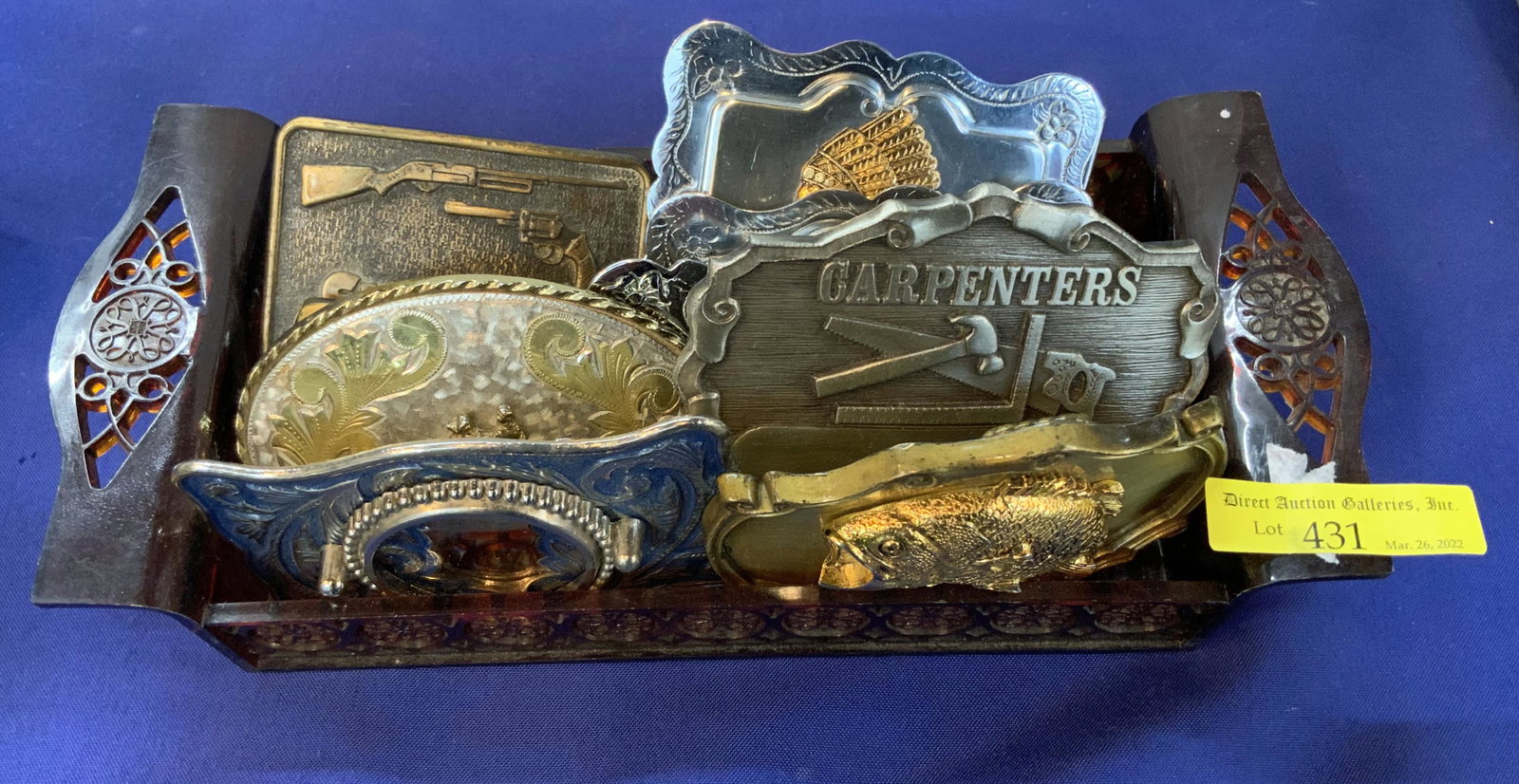 Lot of 15 Belt Buckles.: Varying Sizes and Themes (Western, Fish, Apaches, Carpenter's Belt Buckles).