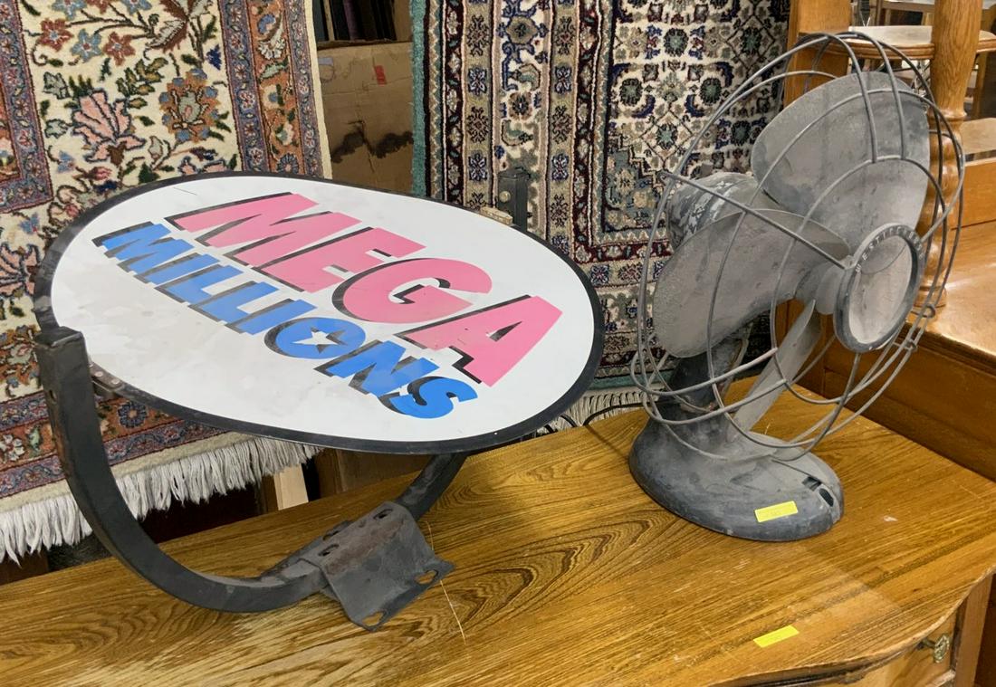 Vintage Oscillating Fan & Lottery Sign. (1 of 1)