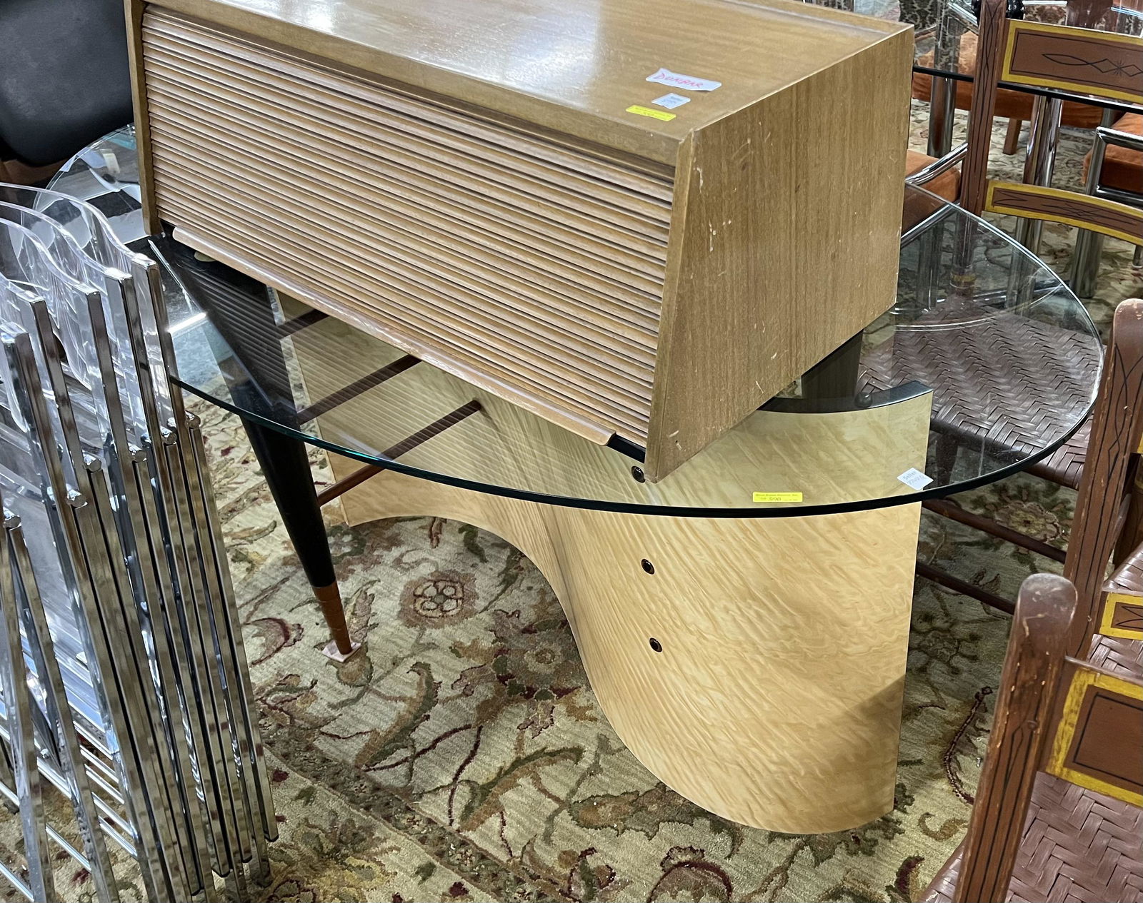 5' Oval Modern Glass Top Table.: With a Bentwood Base. Third-Party Freight Shipping or Personal Pickup Required.