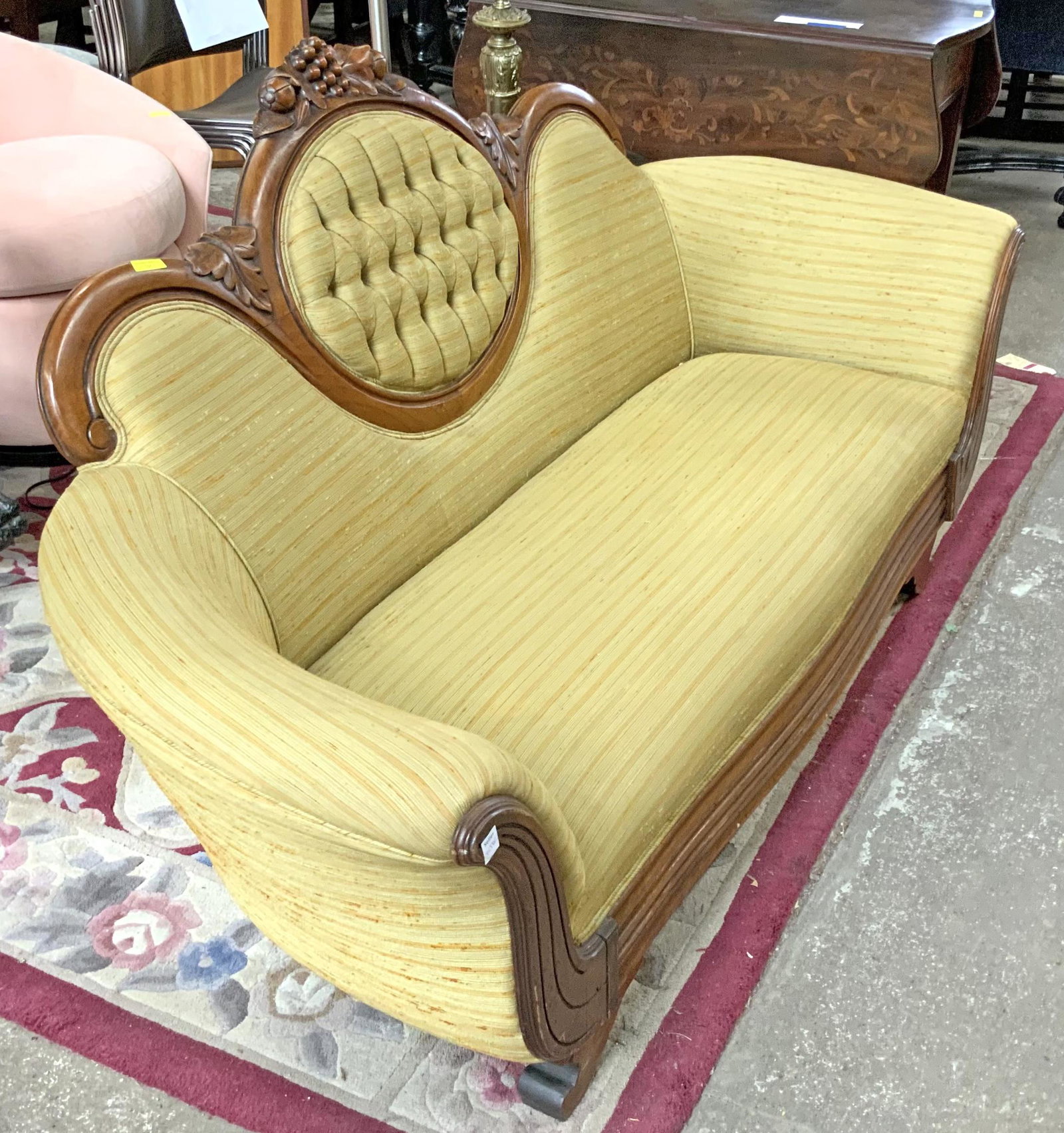 Antique Carved Wood Balloon-Back Sofa, 68" Wide.: Third-Party Freight Shipping or Personal Pickup Required.