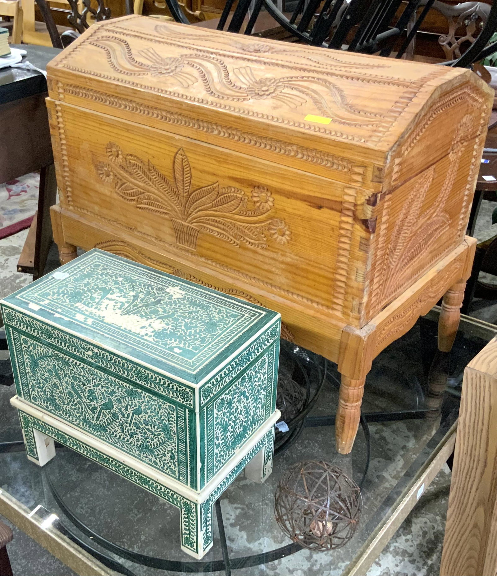 Spoon-Carved Trunk & Small Green & White Trunk.: The Larger Trunk Measures 30" Wide by 24" Tall. Third-Party Freight Shipping or Personal Pickup Required.