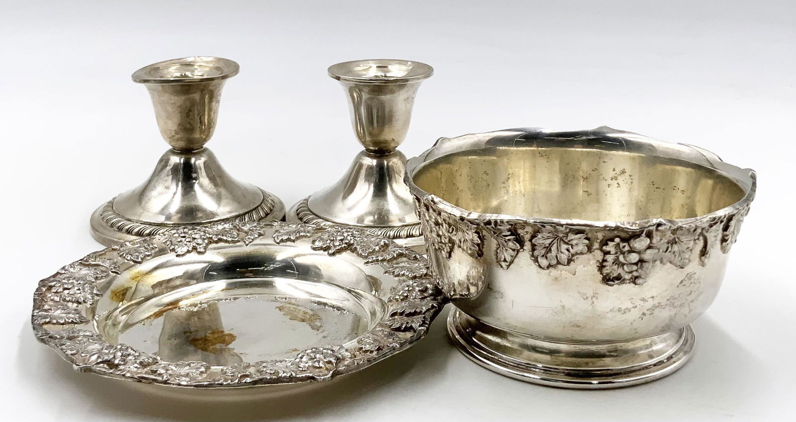 Lot of 4 Silver Pcs.- Bowl, Plate, Candlesticks. (1 of 2)