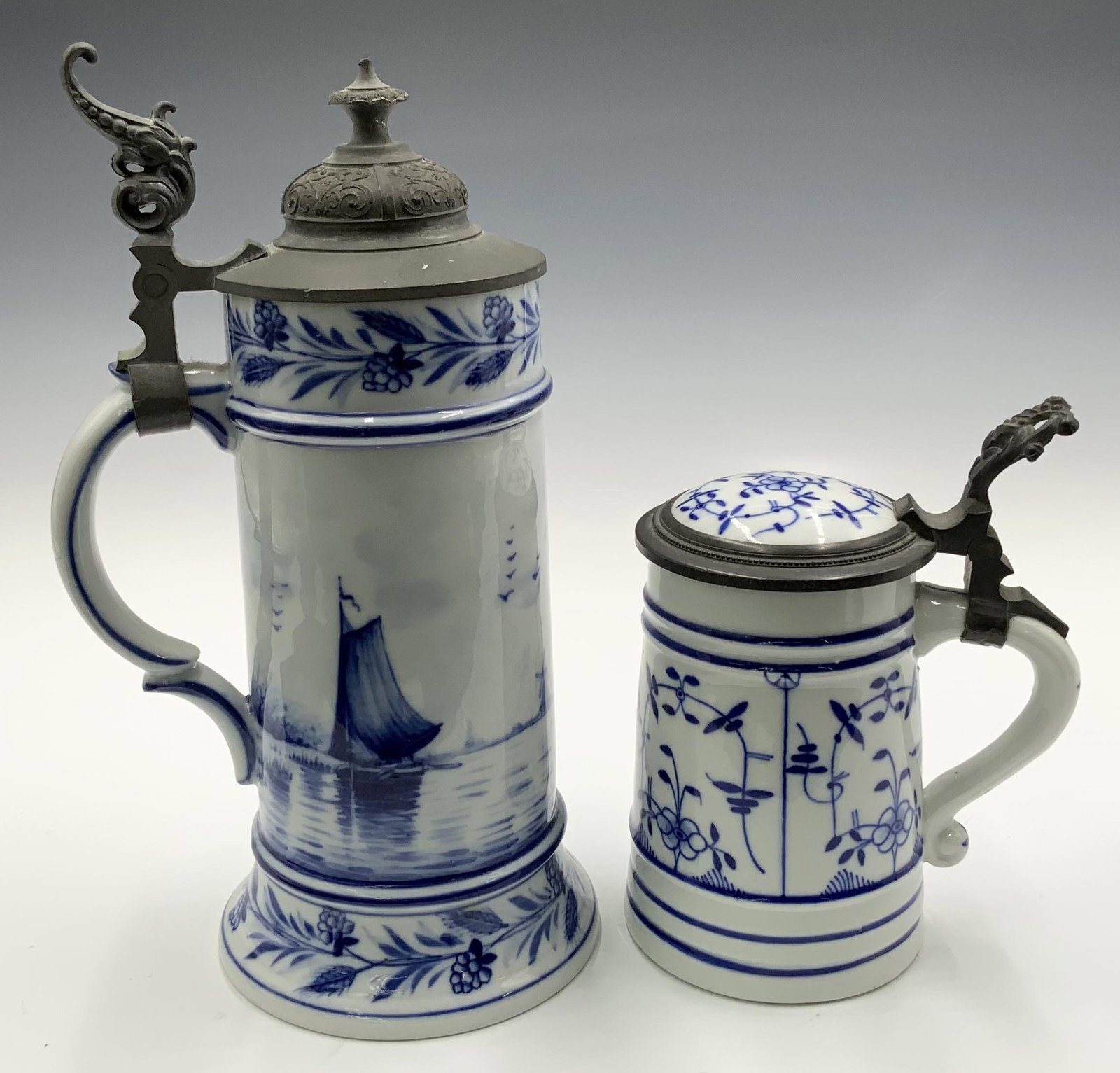 Lot: 2 Blue & White Steins- Meissen & Delft Style. (1 of 4)