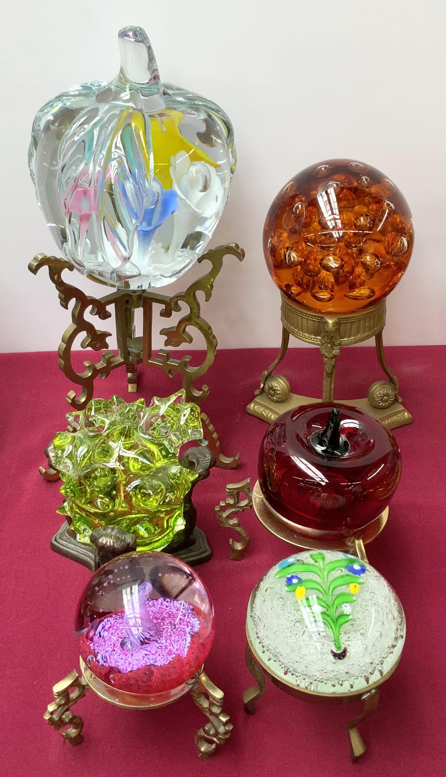 Lot: 6 Asst. Vintage Glass Paperweights on Stands. (1 of 1)