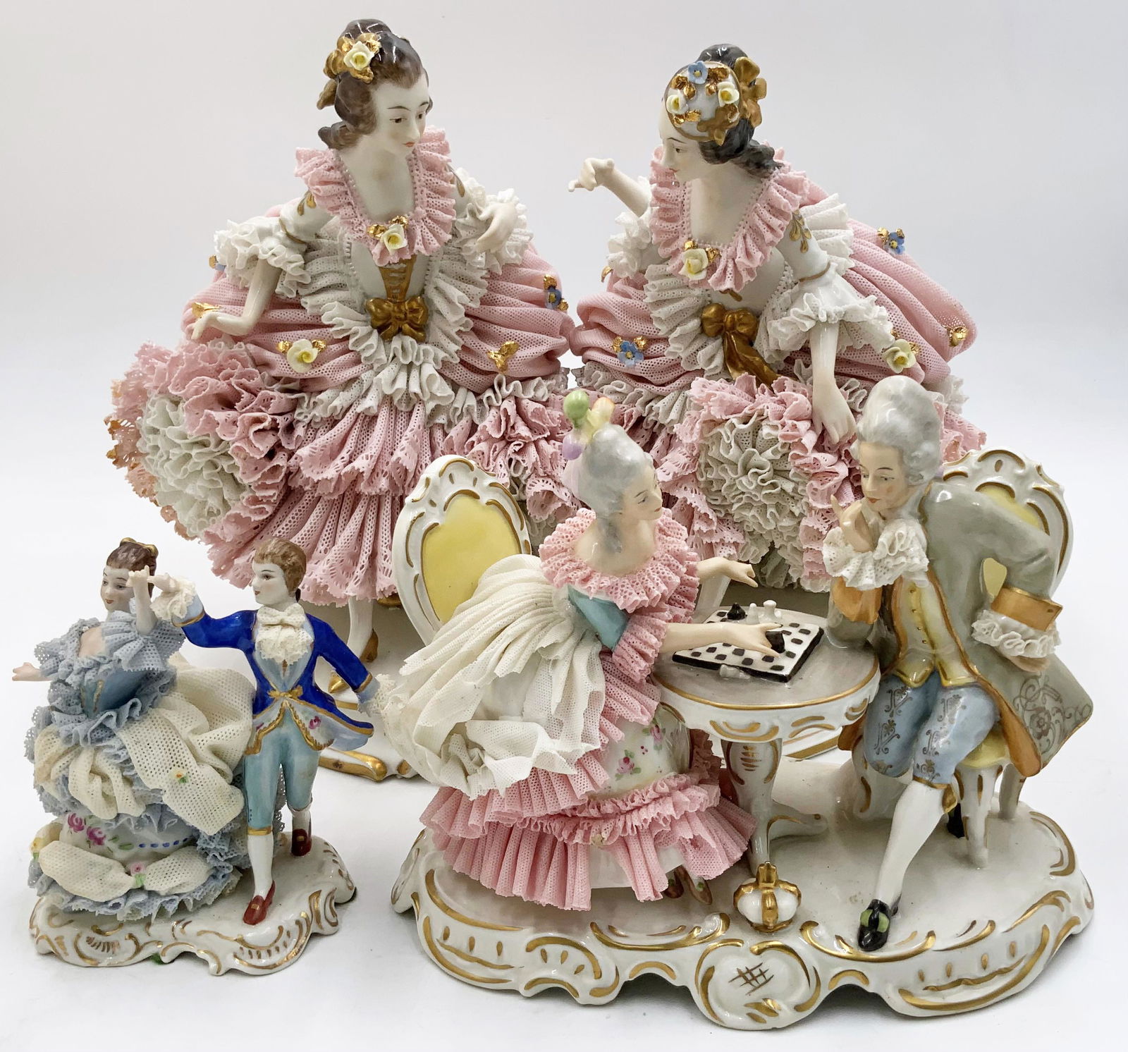 Lot of 3 Porcelain Dresden Lace Figural Groups. (1 of 6)