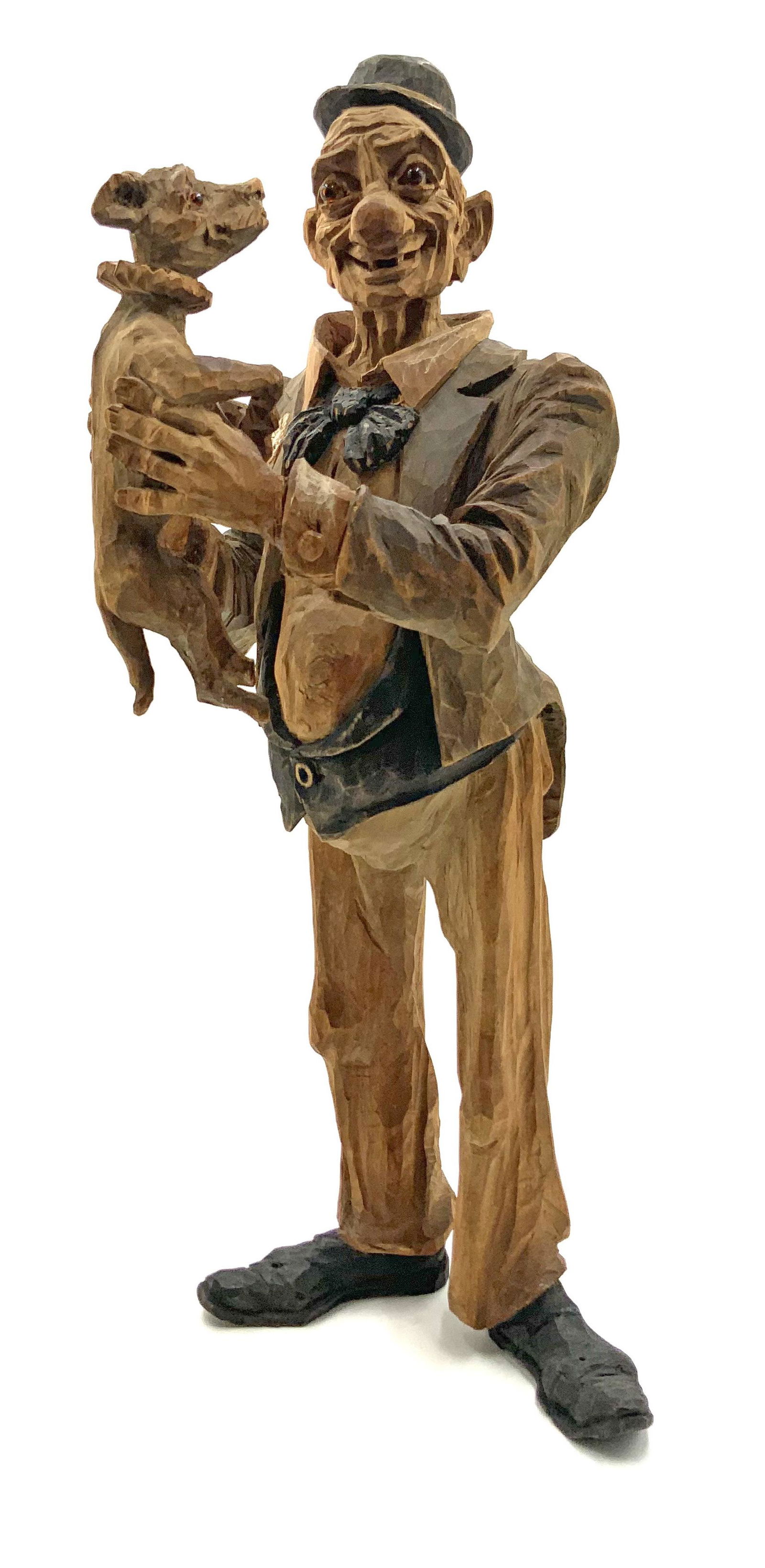 Black Forest Carved Wood Figure of Clown w/ Dog. (1 of 5)