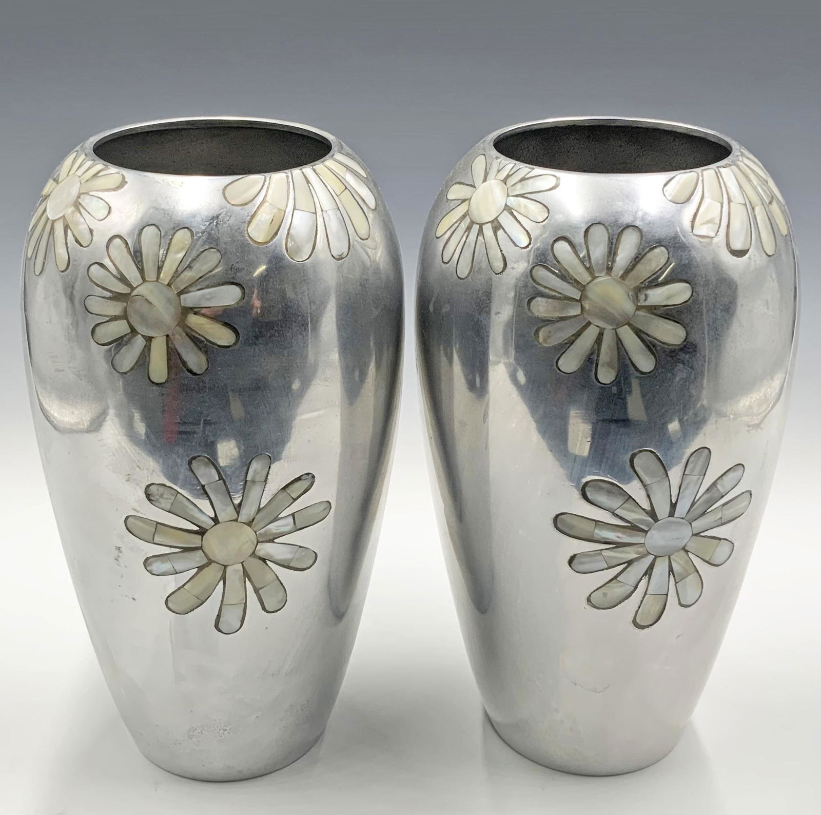 Pair of Towle Silver Tone Vases w/ Flower Designs. (1 of 2)