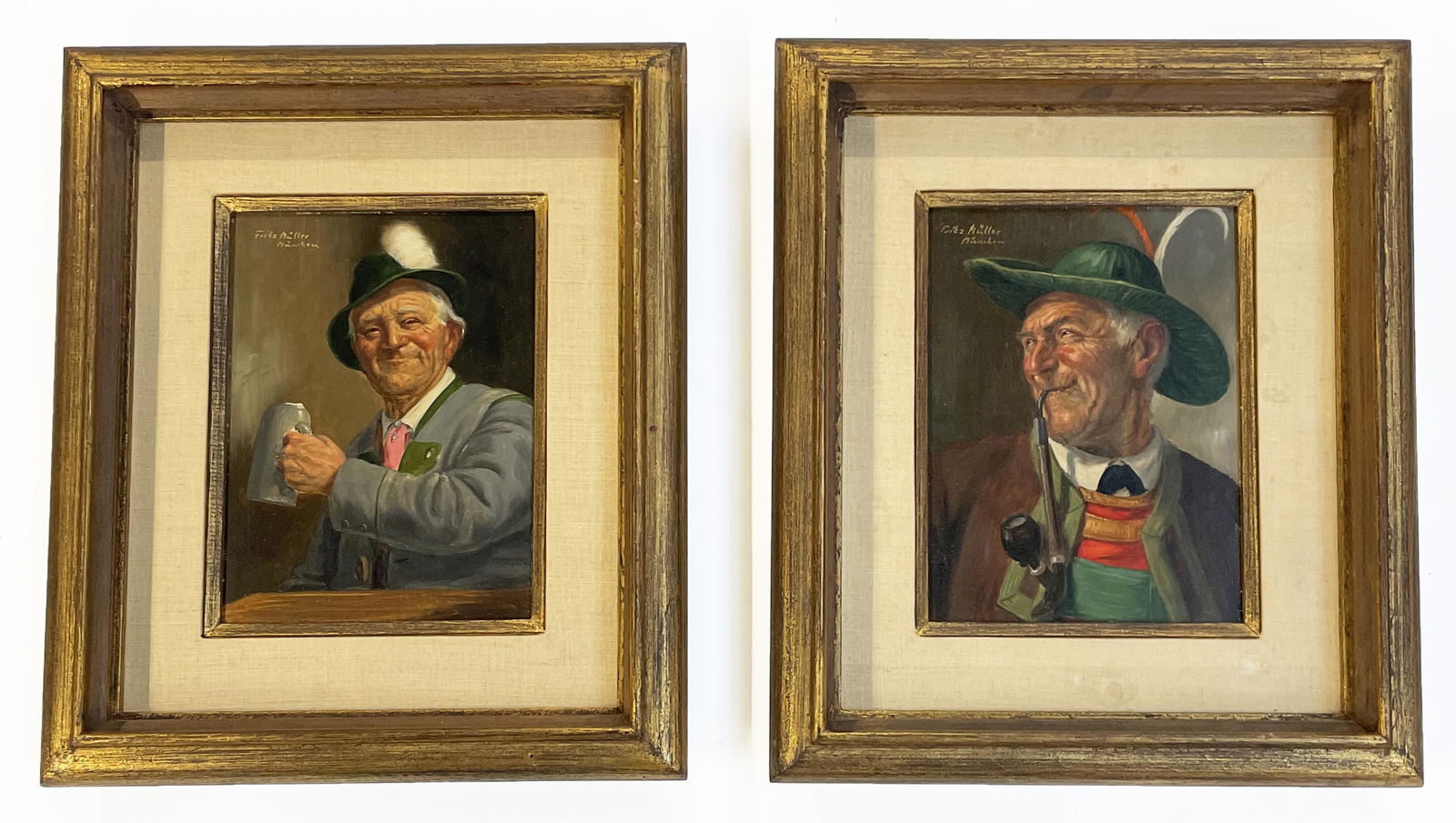 Pair of Fritz Muller German Portrait Paintings.: Of a Jolly Beer Drinker and a Jolly Pipe Smoker. Each Painting is Oil on Board, Signed Upper Left, and Inscribed "Munchen". Both Paintings Measure 9 1/2" x 7 1/8", and their Frames measures 15 3/4" x