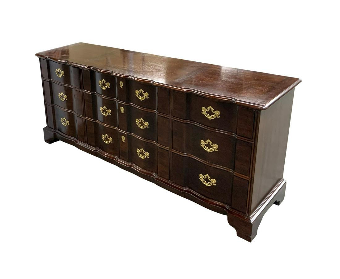 Sgd. Henredon Folio Fourteen 9-Drawer Dresser.: Or, Dark Wood Credenza. The Piece is in Good Overall Condition, but the Top has Scratches. The Dresser or Credenza Measures 31 1/2" Tall, 72" Wide, and 20" Deep. Third-Party Freight Shipping or Person