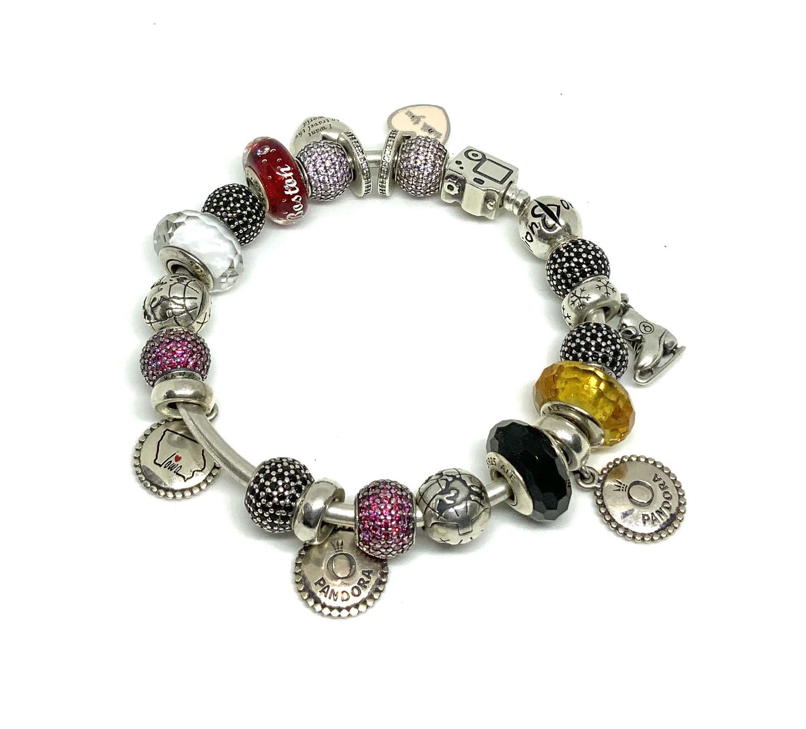 Pandora Sterling Bracelet, Filled with Charms. (1 of 2)