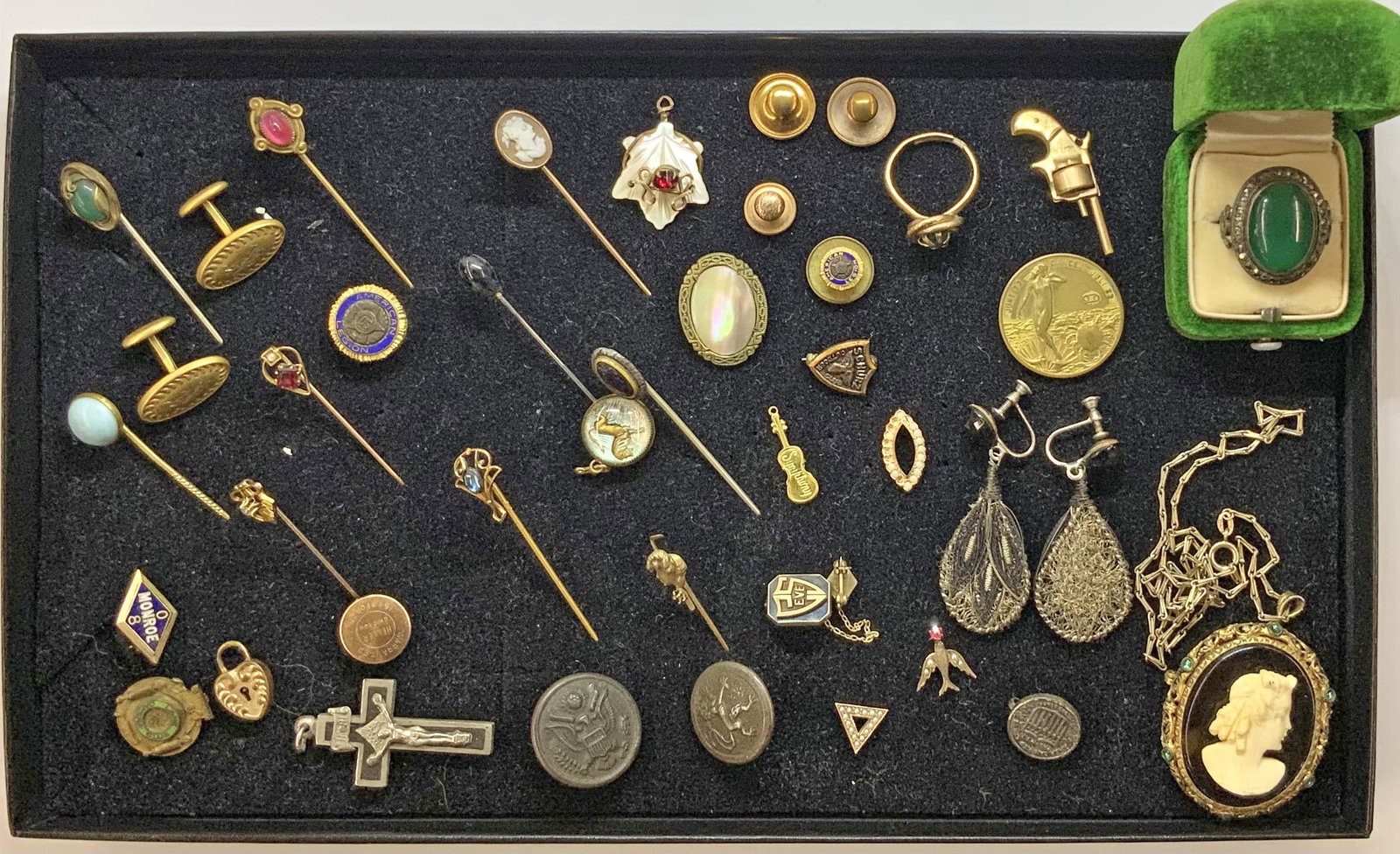 Lot: Vintage Stickpins, Ring, Buttons, etc.: Includes a nice Vintage Marcasite Ring.