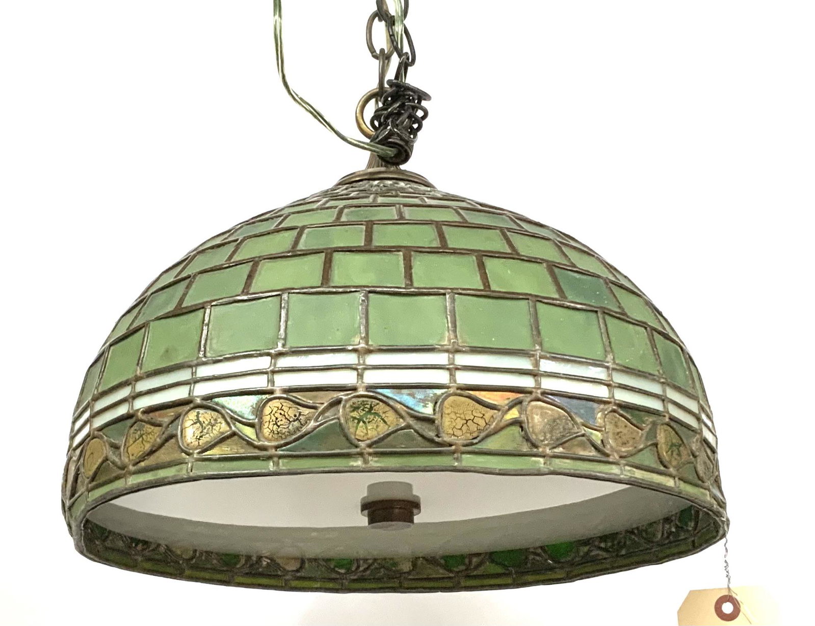 Antique 16" Mission-Style Stained Glass Fixture: A Complete Light fixture with diffuser and cap. Third Party Shipping or Personal Pickup are Required.