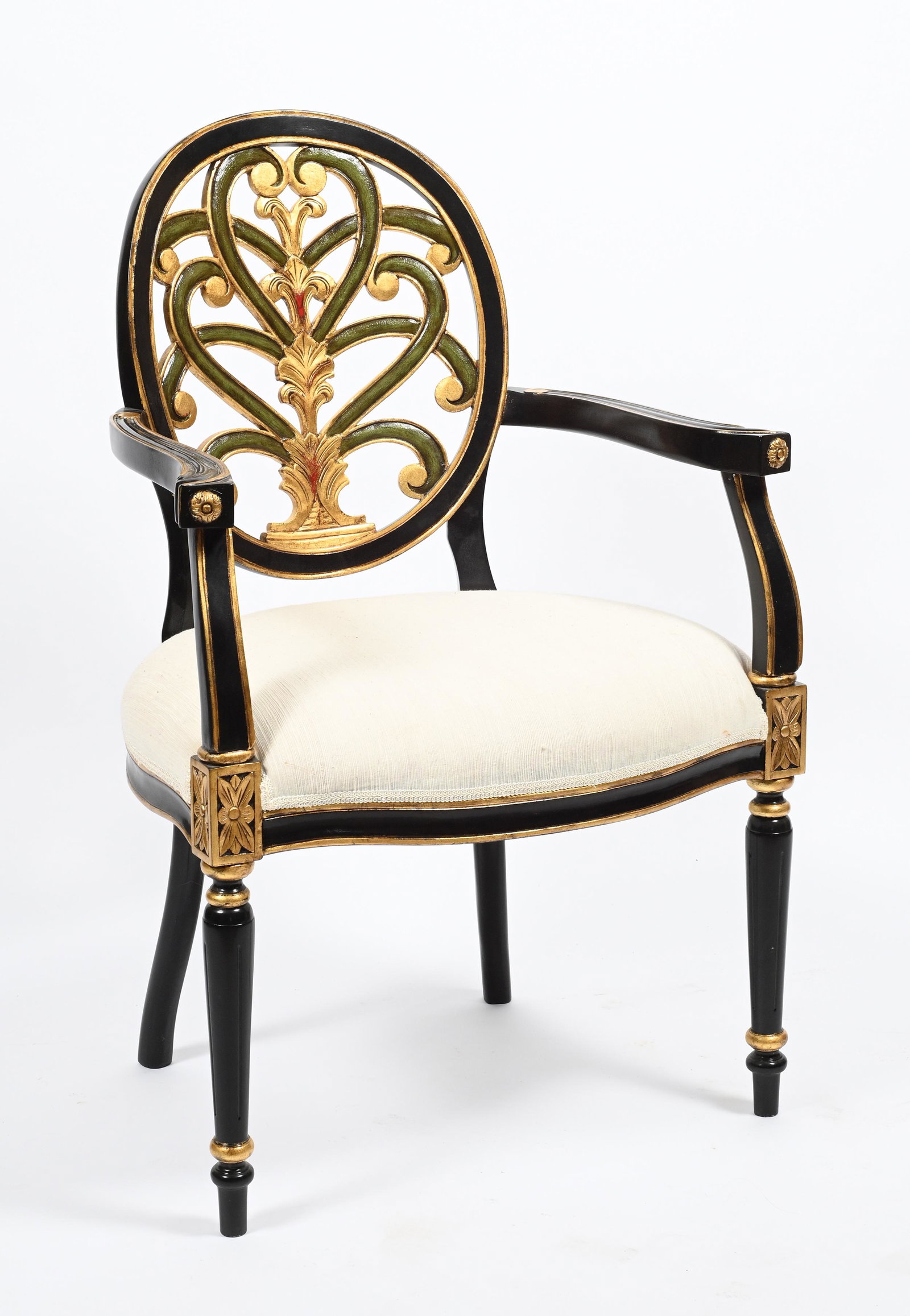Ornately Carved and Painted Armchair.: The chair and upholstery are in Good Shape. Third Party Freight Shipping or Personal Pickup Required.