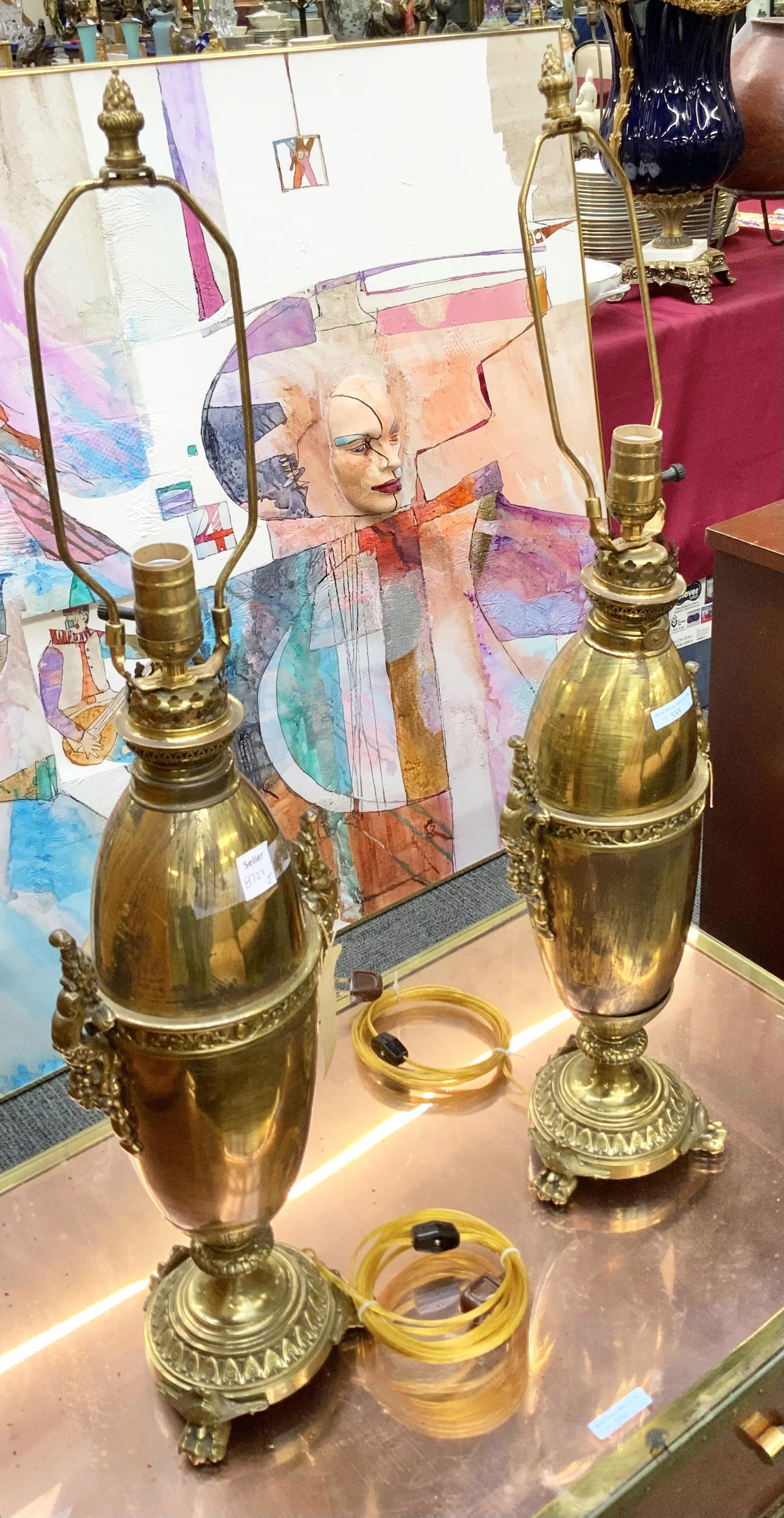 Pair Antique Brass Converted Electric Oil Lamps. (1 of 1)