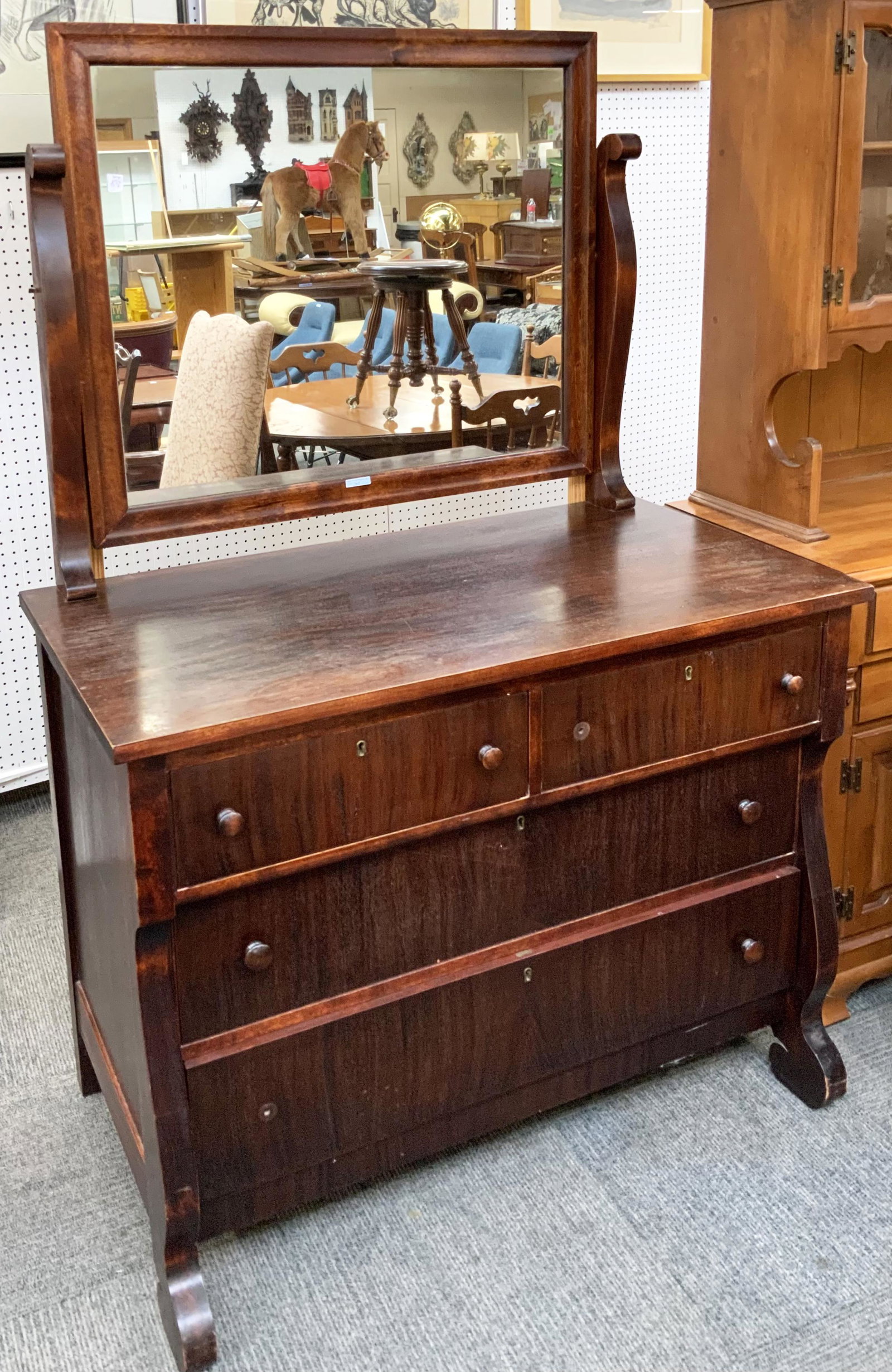 Antique Mahogany Dresser w/ Mirror.: The piece is missing a knob and shows wear to the Finish. Measurements: 44" wide x 24" deep and 66" tall. Third-Party Freight Shipping or Personal Pickup Required.