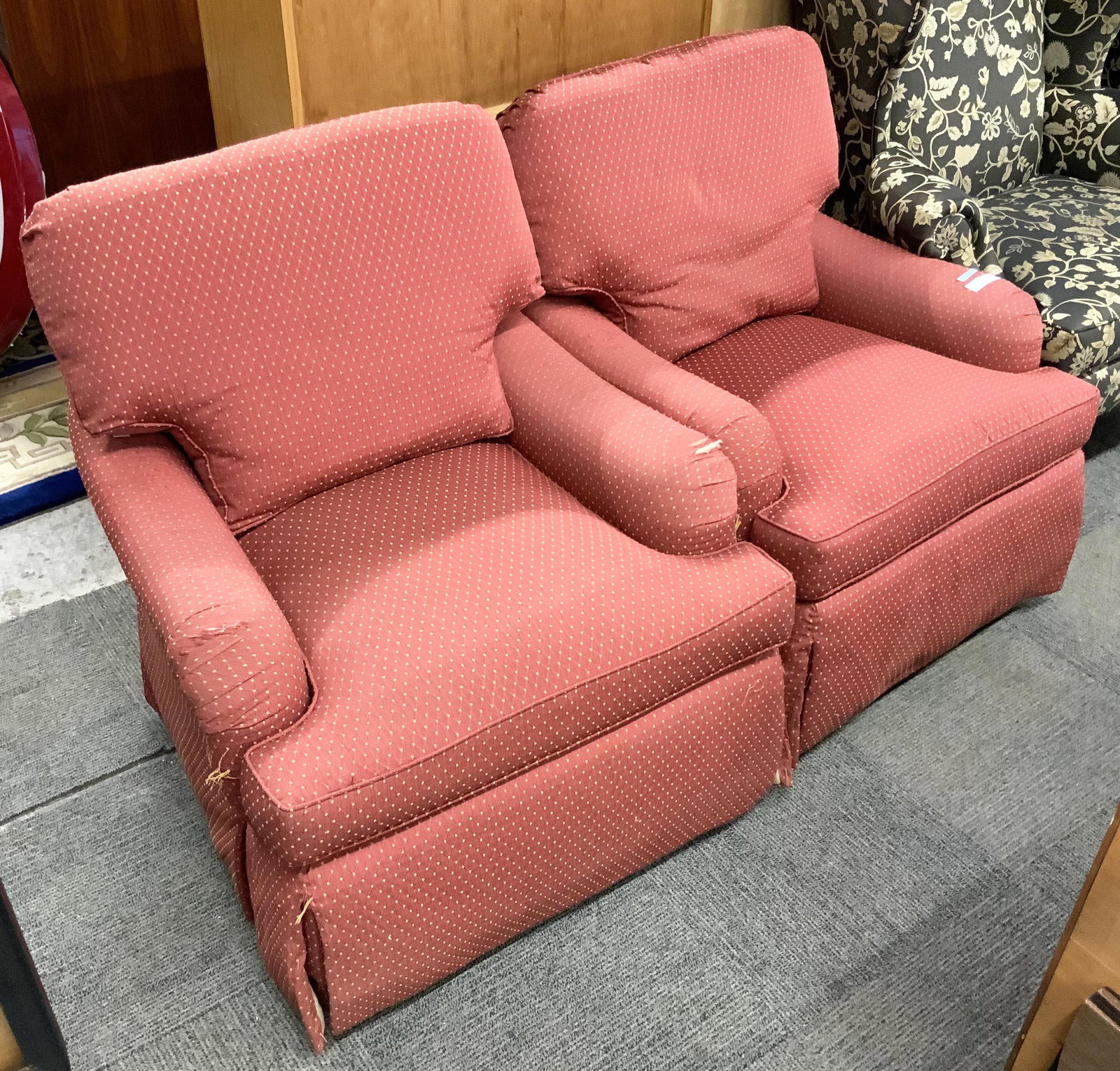 Pair of Jessica Charles Swivel Rockers: Has upholstery damage on one chair - Each Chair measures 29" wide. Third-Party Freight Shipping or Personal Pickup Required.