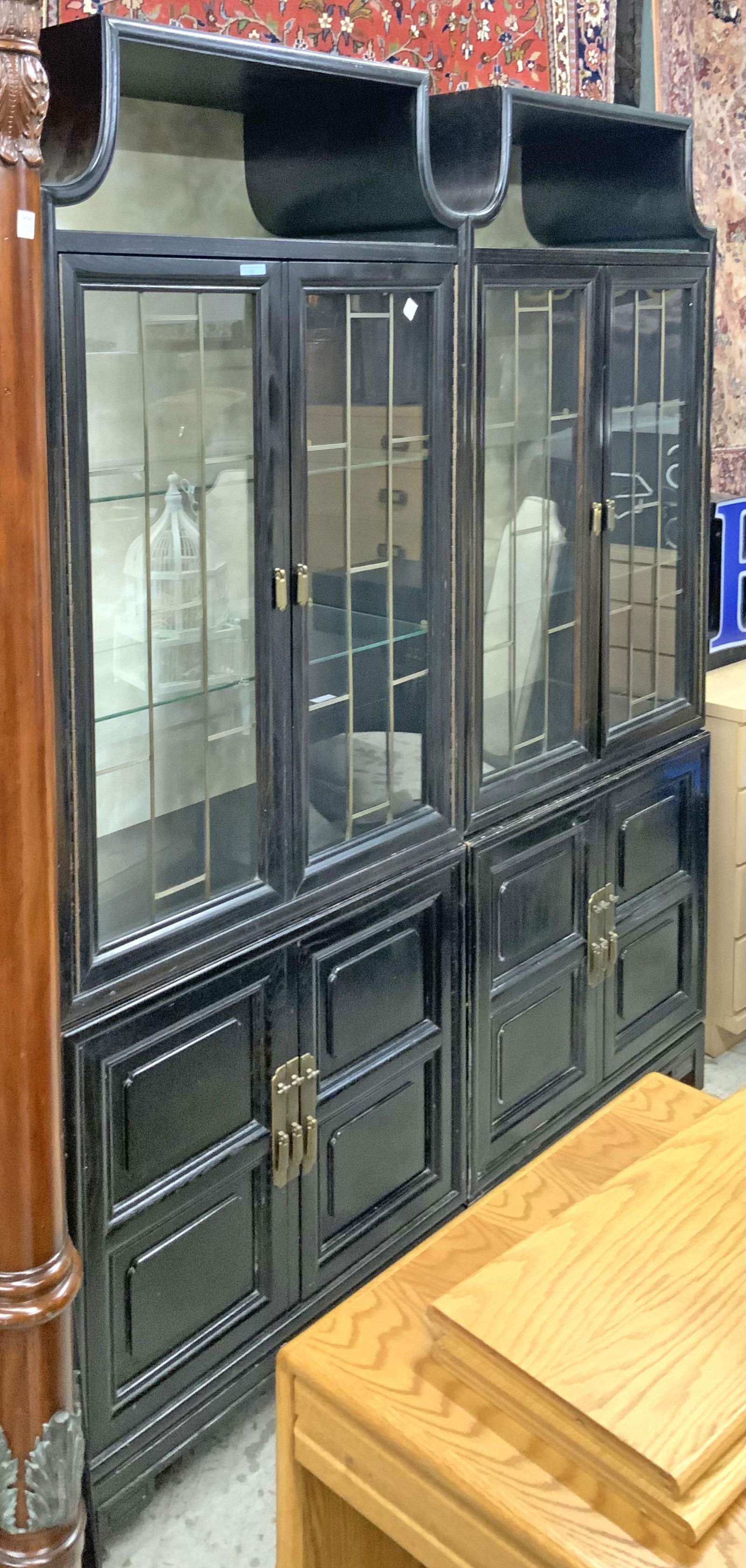 Pair of Black Wood Asian Motif China Cabinets. (1 of 1)