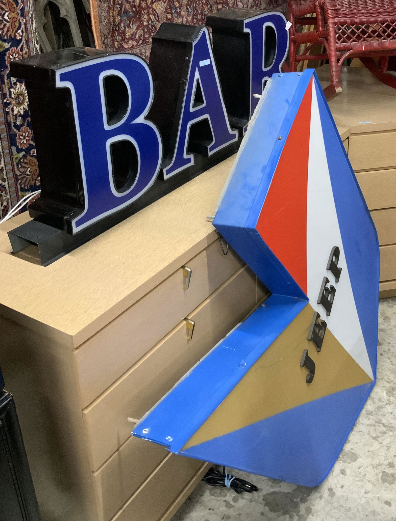 Large Metal and Lucite "BAR" Sign & Jeep Sign.: The Bar Sign measures 45" long by 5 1/2" wide. Third-Party Shipping or Personal Pickup Required.