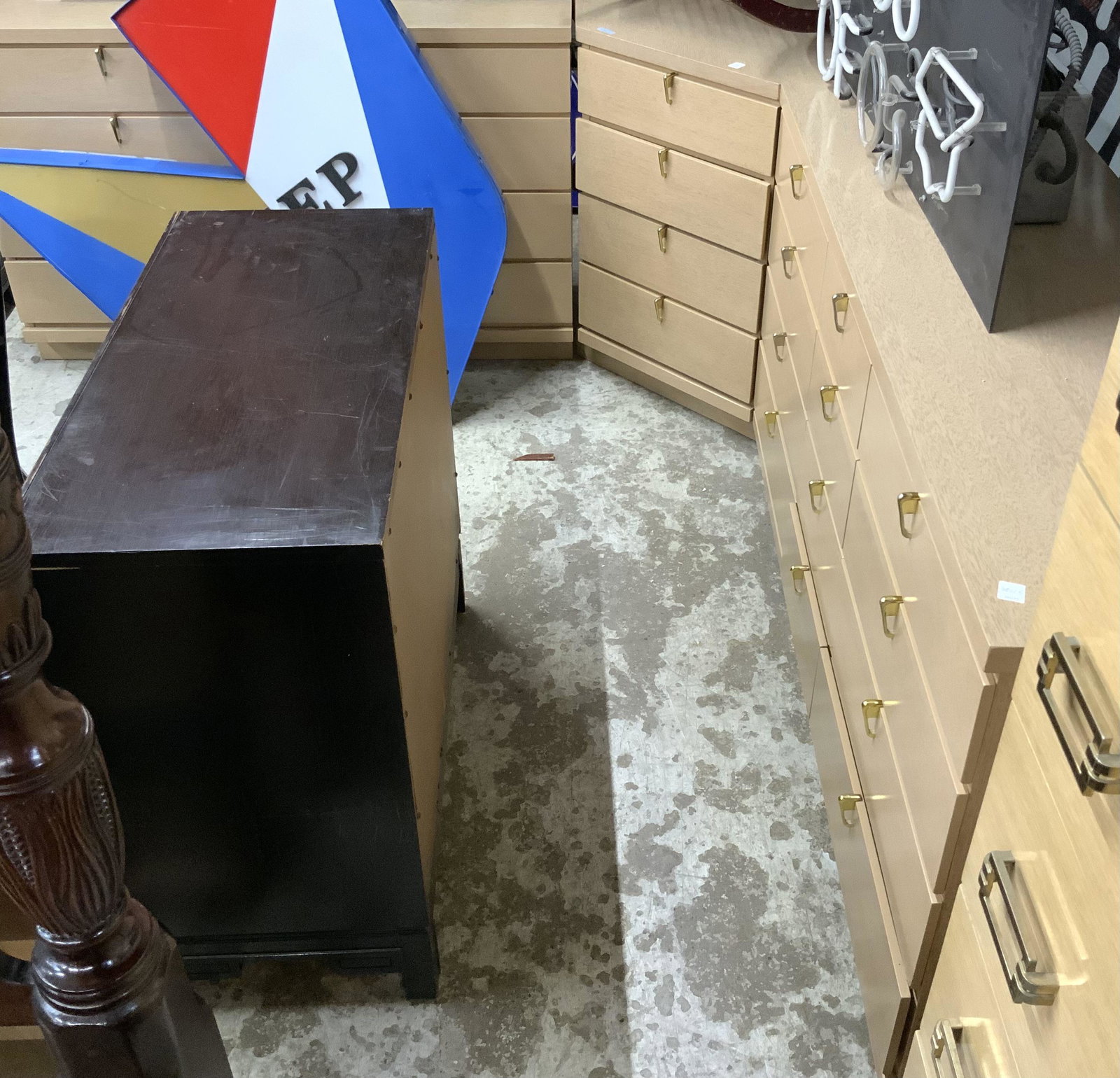Set of 3 Mid-Century Modern Dressers.: In an L-Shape. The three piece set is called Fashion Trend by Johnson Carper. The Three Pieces Measure as Follows: 50" wide x 13" deep x 31" tall, 58 long x 13 deep x 31" tall, and the corner piece me