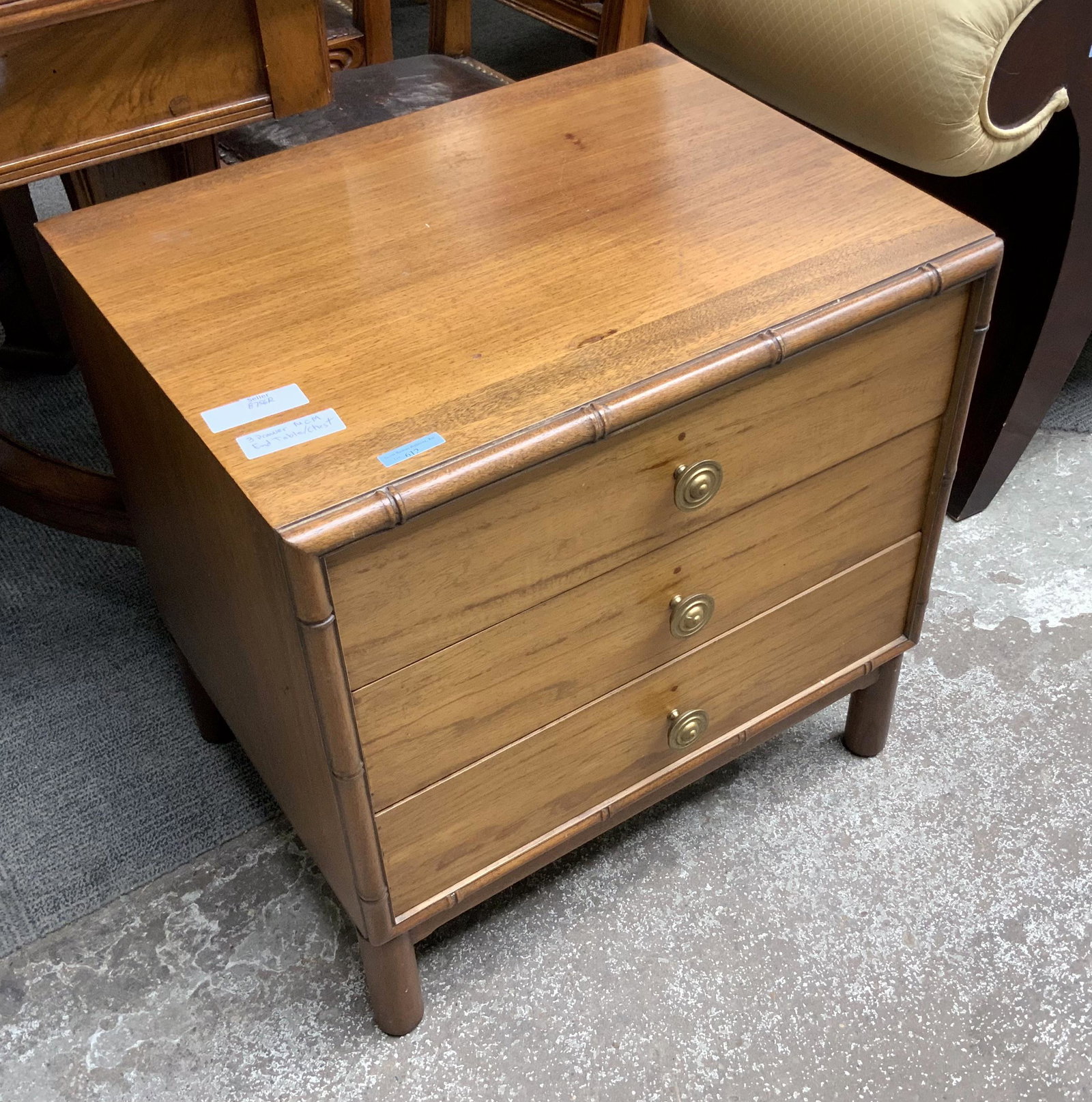 3-Drawer Mid-Century Modern Nightstand.: Measures 24" Wide by 24" Tall. Third-Party Freight Shipping or Personal Pickup Required.